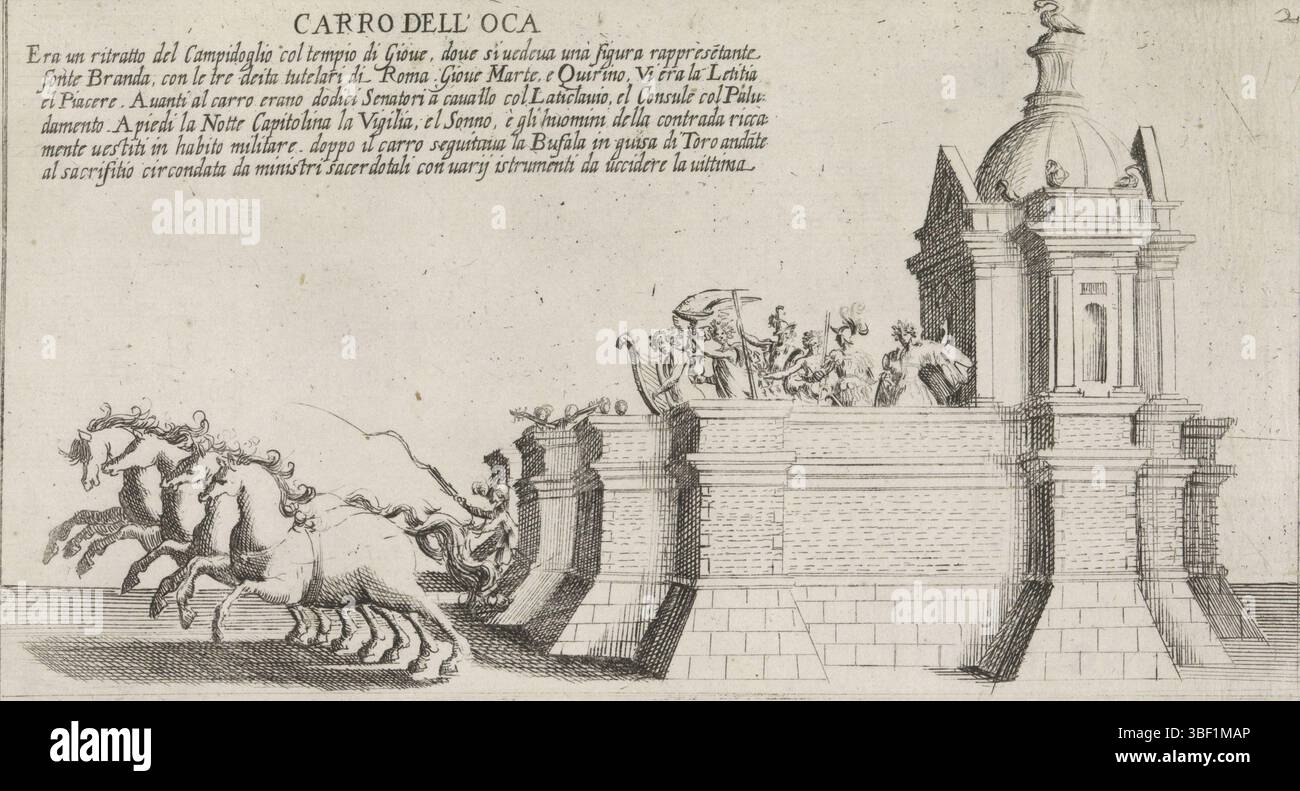 Italien, Capitelli, Bernardino, Triumph Cars für ein Festival in Siena im Jahr 1632, Carro dell'Oca, Triumph Auto des sienesischen Bezirks occa, Italien, verso - gestempelt, der Triumph Wagen des sienesischen Bezirks occa, der von vier Pferden gezogen wird. Auf dem Wagen befindet sich ein Gebäude mit Kuppel, geflügelten Figuren und Soldaten., Druck, Höhe 119 mm, Breite 217 mm, Italienisch, 1590 - 1640-05-23, Druckmaschine, 1632 - 1640, Papier, Ätzen, Ätzen Stockfoto