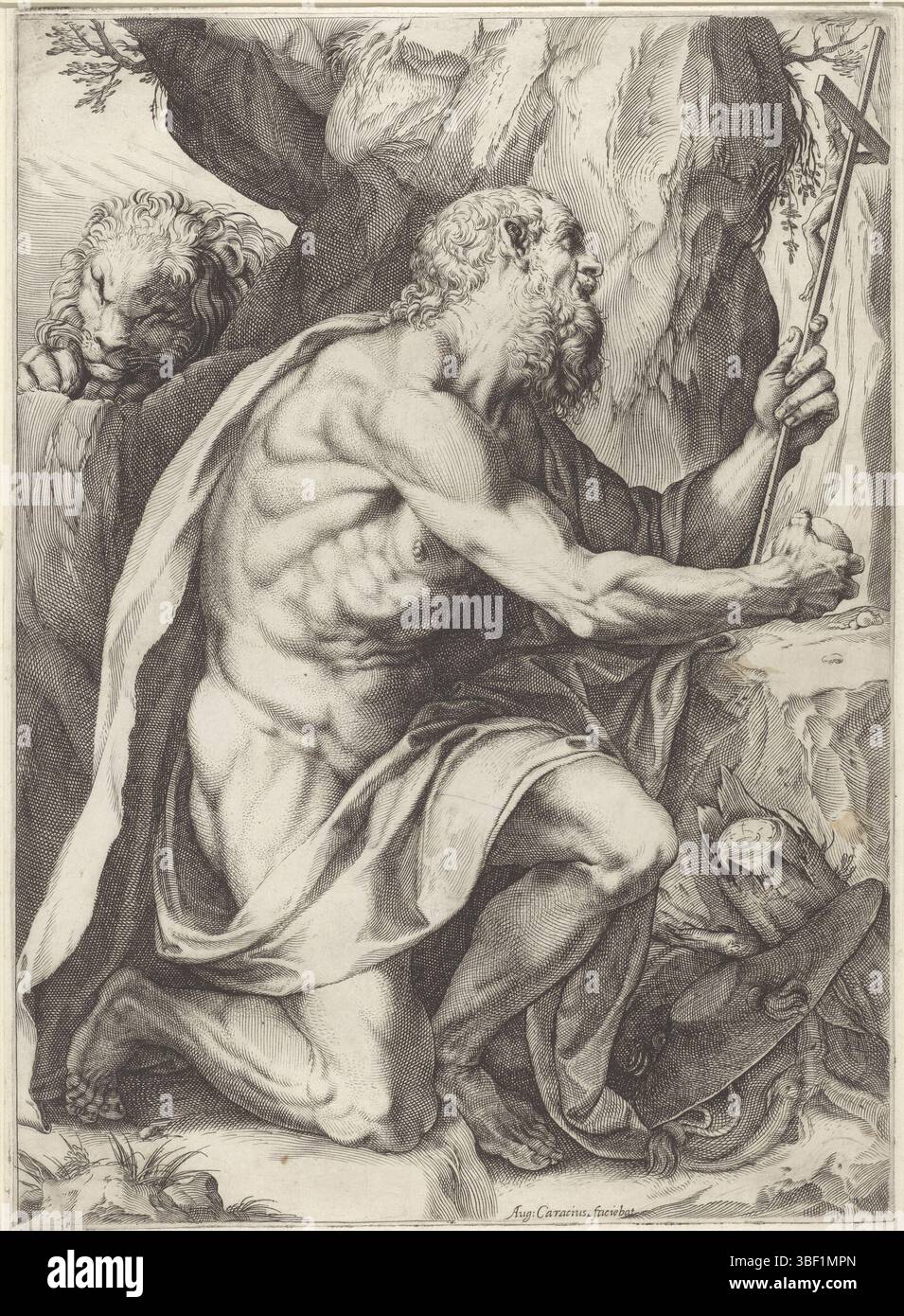 Rom, Stefanoni, Pietro, Italien, Carracci, Ludovico, Brizio, Francesco, Agostino, St. Hieronymus, Rom, verso - gestempelt, kniete der Heilige Hieronymus im Gebet mit einem Kruzifix in der Hand. Vor ihm liegt der Hut seines Kardinals. Im Hintergrund links liegt ein Löwe auf einem Felsen., Druck, Höhe 378 mm, Breite 275 mm, Italienisch, 1557 - 1602-03-22, Druckerei, 1602 - 1602, Papier, Gravur, Gravur (Druckverfahren), 1574 - 1623, 1555 - 1619-11-13, Aufsicht, Publikation (Veranstaltung), Publikation, 1589 - 1627, Verlag Stockfoto
