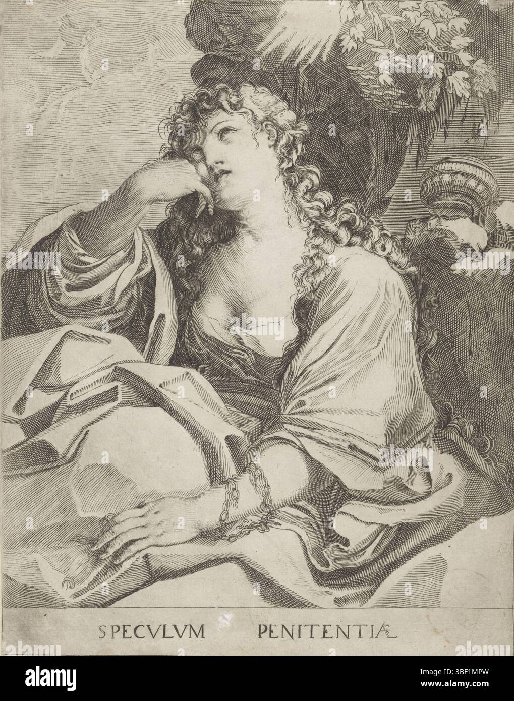 Italien, Tizian, Italien, Carracci, Ludovico, Agostino, Brizio, Francesco, Maria Magdalena, verso - gestempelt, Maria Magdalena in einer Landschaft. Im Hintergrund rechts befindet sich ein Salbentopf, Druck, Höhe 226 mm, Breite 176 mm, Italienisch, 1574 - 1623, Druckerei, 1584 - 1623, Papier, Gravur, Gravur (Druckverfahren), 1557 - 1602-03-22, Werkkonzeption, 1555 - 1619-11-13, nach Entwurf von, Arbeitskonzept, 1488 - 27. August 1556 Stockfoto