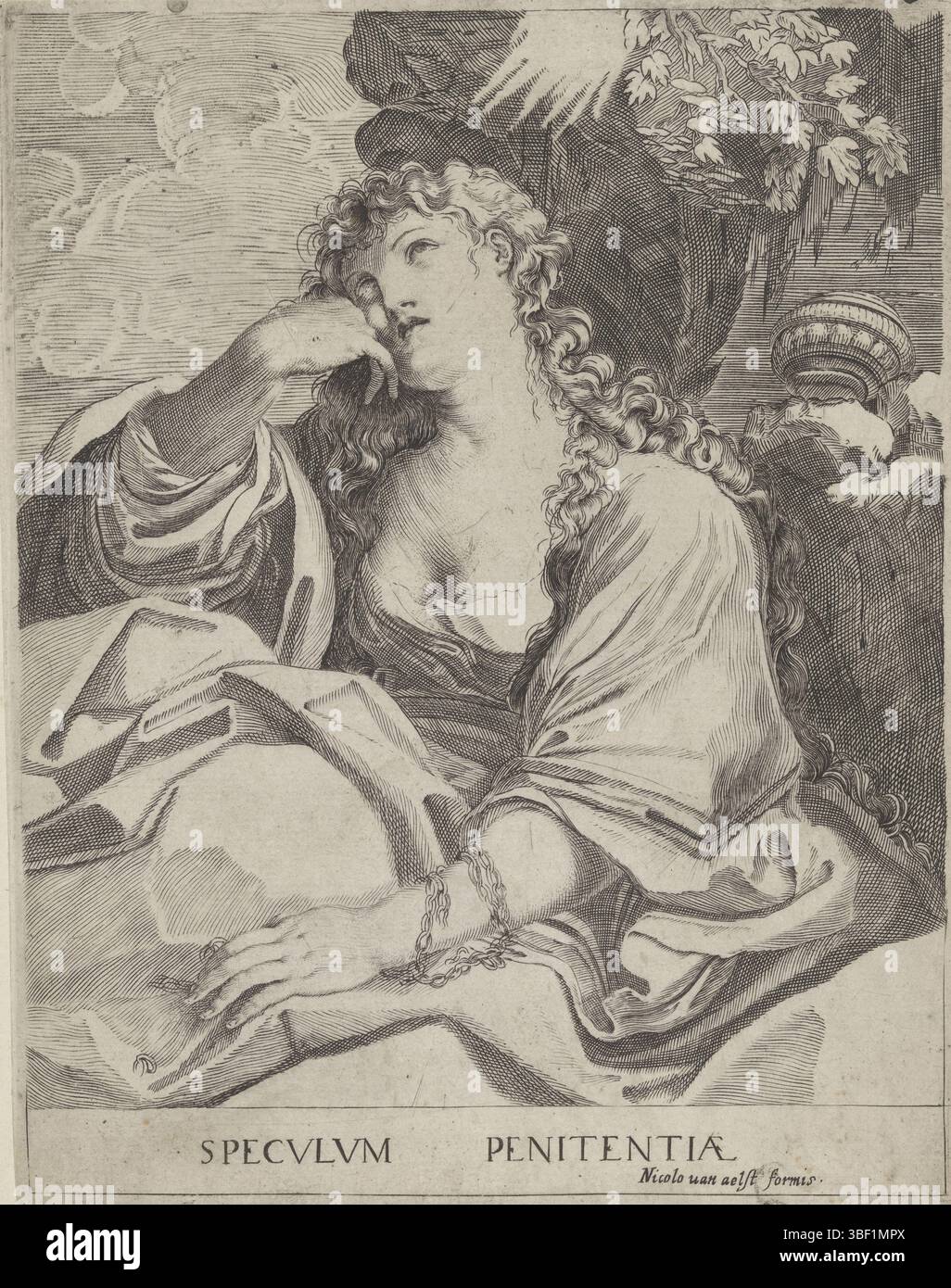 Italien, Tizian, Italien, Carracci, Ludovico, Agostino, Brizio, Francesco, Maria Magdalena, verso - gestempelt, Maria Magdalena in einer Landschaft. Im Hintergrund rechts befindet sich ein Salbentopf, Druck, Höhe 231 mm, Breite 182 mm, Italienisch, 1574 - 1623, Druckerei, 1584 - 1623, Papier, Gravur, Gravur (Druckverfahren), 1557 - 1602-03-22, Werkkonzeption, 1555 - 1619-11-13, nach Entwurf von, Arbeitskonzept, 1488 - 27. August 1556 Stockfoto