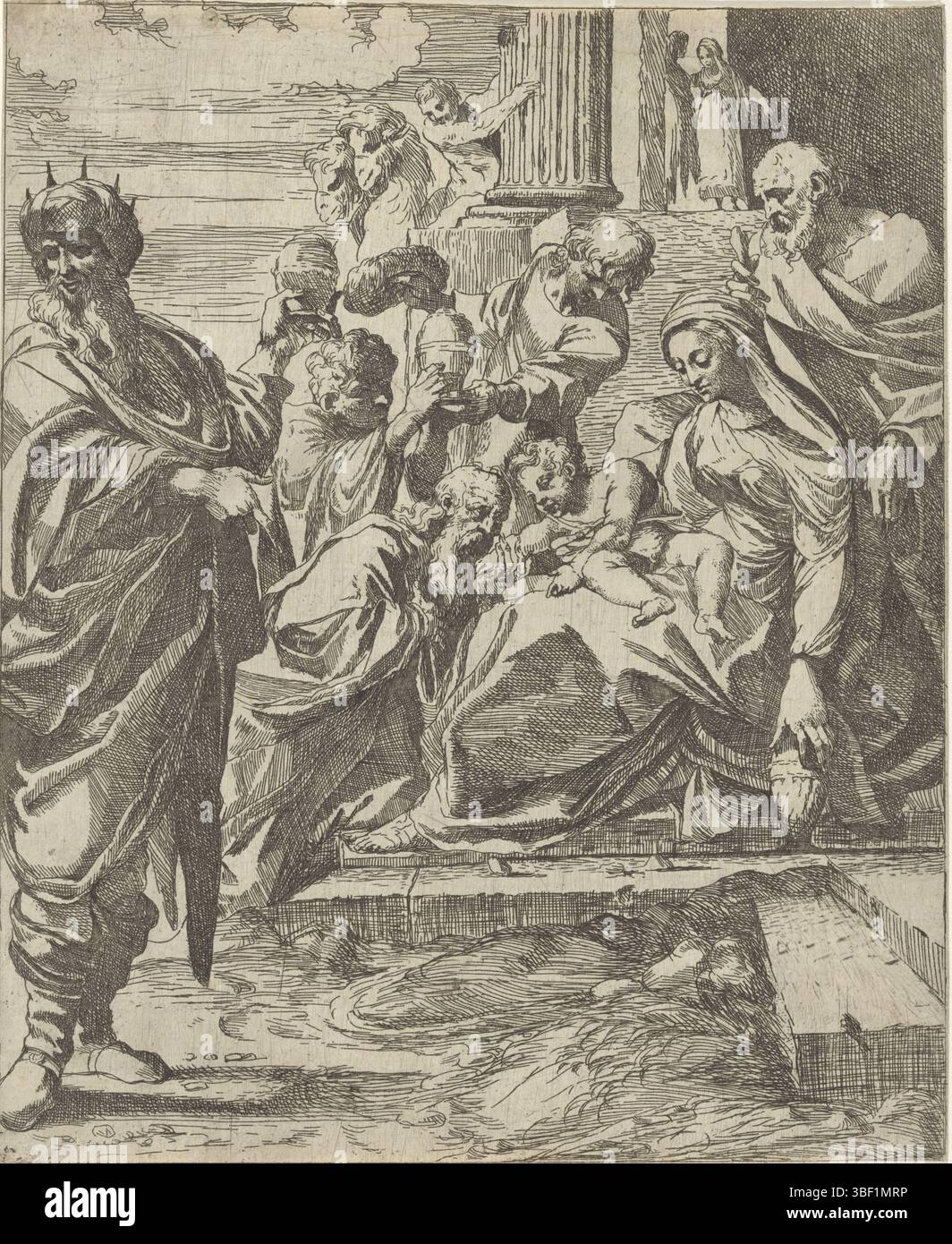 Italien, Carracci, Ludovico, Italien, Annibale, Brizio, Francesco, Anbetung durch die Könige, Verso - gestempelt, opfern die drei Könige das Christuskind, auf dem Schoß seiner Mutter für die Ruine eines Tempels, ihre Geschenke. Im Hintergrund zwei Kamele. Joseph steht hinter Maria., Druck, Höhe 224 mm, Breite 182 mm, Italienisch, 1574 - 1623, Druckmaschine, 1584 - 1623, Papier, Ätzen, 3. November 1560 - 15. 07. 1609, Arbeitskonzeption, 13. 11. 1555. 1619 Stockfoto