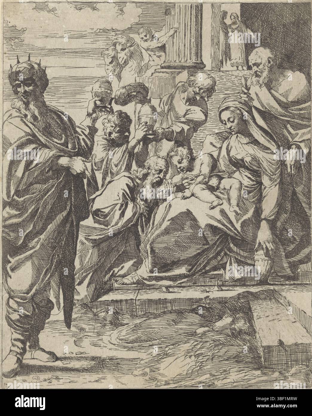 Italien, Carracci, Ludovico, Italien, Annibale, Brizio, Francesco, Anbetung durch die Könige, Verso - gestempelt, opfern die drei Könige das Christuskind, auf dem Schoß seiner Mutter für die Ruine eines Tempels, ihre Geschenke. Im Hintergrund zwei Kamele. Joseph steht hinter Maria., Druck, Höhe 228 mm, Breite 182 mm, Italienisch, 1574 - 1623, Druckmaschine, 1584 - 1623, Papier, Ätzen, 3. November 1560 - 15. 07. 1609, Arbeitskonzeption, 13. 11. 1555. 1619 Stockfoto