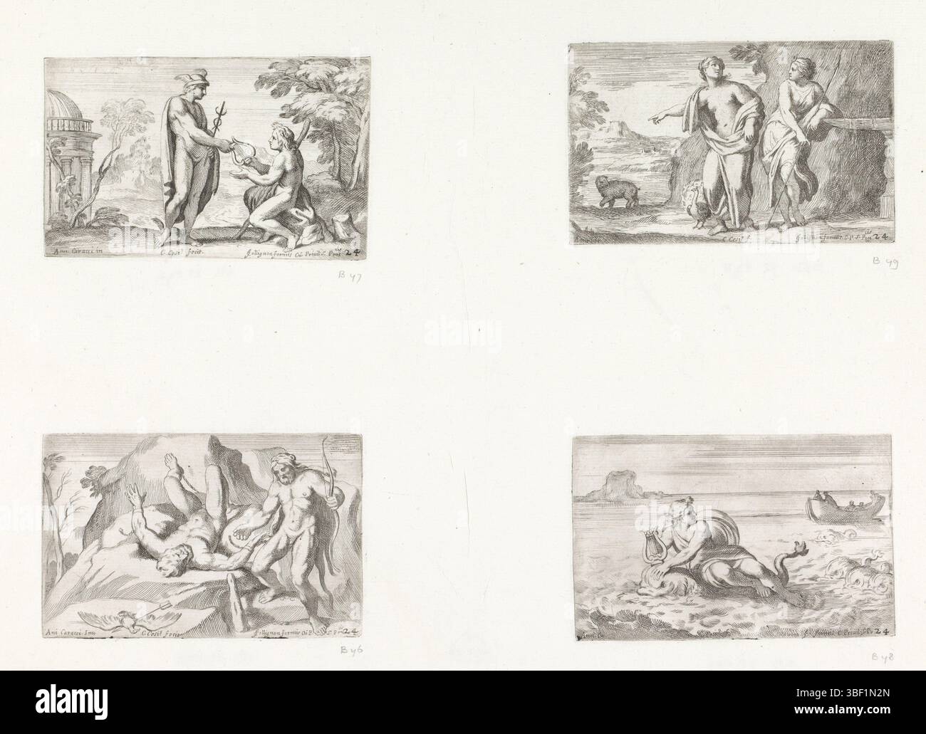 Vatikanstadt, Alexander VII., Rom, Collignon, Francois, Italien, Carracci, Annibale, Cesio, Carlo, Galeria nel Palazzo Farnese in Rom, Gemälde im Palazzo Farnese in Rom, Mercurius gibt Apollo eine Seilwinde, Juno weist auf Diana an den Bären verwandelten Kallisto hin, Herkules befreit Prometheus, Arion durch einen in Sicherheit gebrachten Delfin, Blatt mit vier Aufführungen. Oben links: Quecksilber gibt Apollo eine Winde in einer Landschaft. Rechts oben: Juno weist auf Diana hin, die Nymphe Callisto, die sich in einen Bären verwandelt hat. Unten links: Herkules befreit Prometheus an einen Felsen gekettet. Im Vordergrund steht der tote Geier, der ebenfalls tot ist Stockfoto