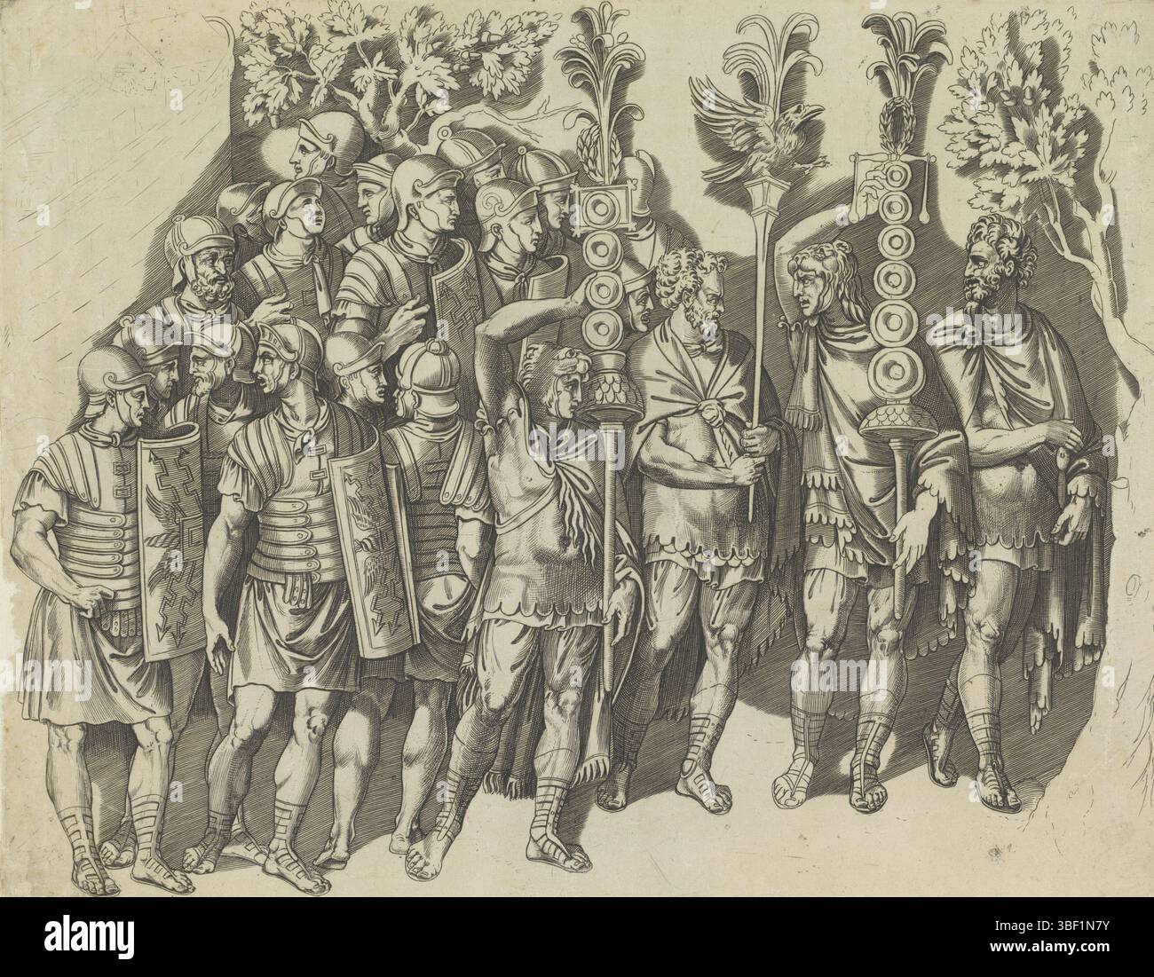 Italien, Dente, Marco, de Zuil van Trajanus, römische Legion, Italien, verso - gestempelt, Eine Legion römischer Soldaten mit Schilden und drei Männern mit draco (Standard)., Druck, Höhe 293 mm, Breite 377 mm, Italienisch, 1486 - 1527, Druckerei, 1498 - 1532, Papier, Gravur, Gravur (Druckprozess) Stockfoto