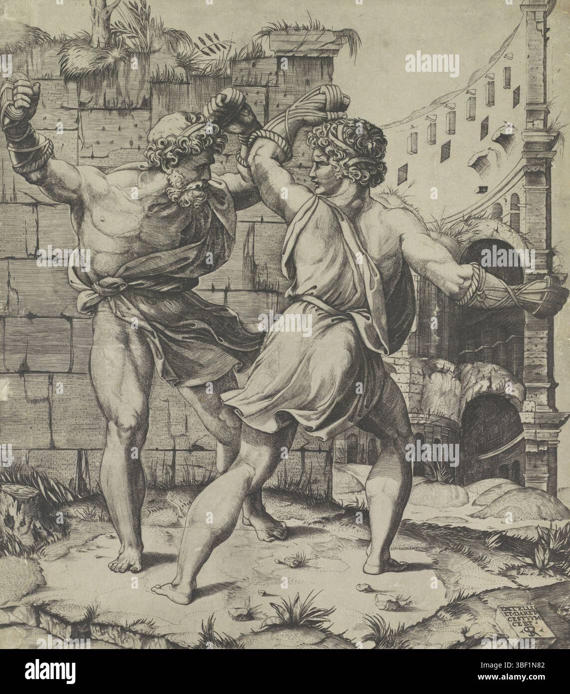 Italien, Raffael, Italien, Dente, Marco, Entellus und Wagnis, verso gestempelt, das Boxspiel zwischen Entellus und Wagnis. Im Hintergrund antike Ruinen, Druck, Höhe 305 mm, Breite 270 mm, Italienisch, 1486 - 1527, Druckerei, 1498 - 1532, Papier, Gravur, Gravur (Druckverfahren), Arbeitskonzeption, 07.04.1483, 07.1520 Stockfoto