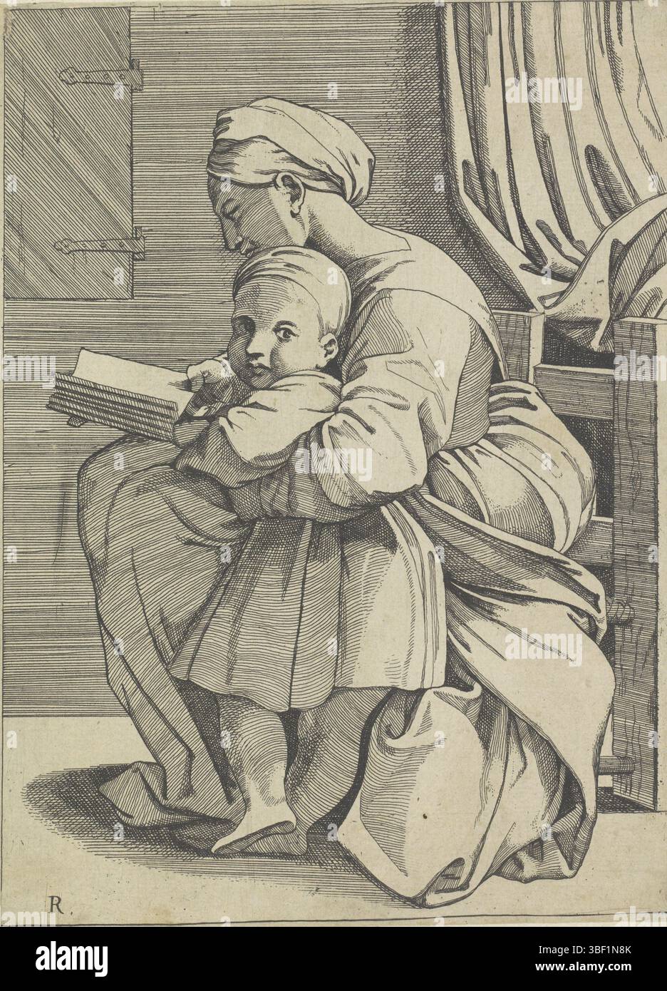 Italien, Raffael, Italien, Dente, Marco, Mary lehrt Christchild das Lesen, verso Blatt - gestempelt, Maria sitzt auf einem Stuhl und liest aus einem Buch. Das Christkind steht gegen sie und schaut auf den Betrachter., Druck, Höhe 195 mm, Breite 144 mm, Druckerei, 1498 - 1532, Papier, Ätzen, Werkkonzeption, Italienisch, 1486 - 1527, gedruckt von, 07.04.1483, 7.1520 Stockfoto