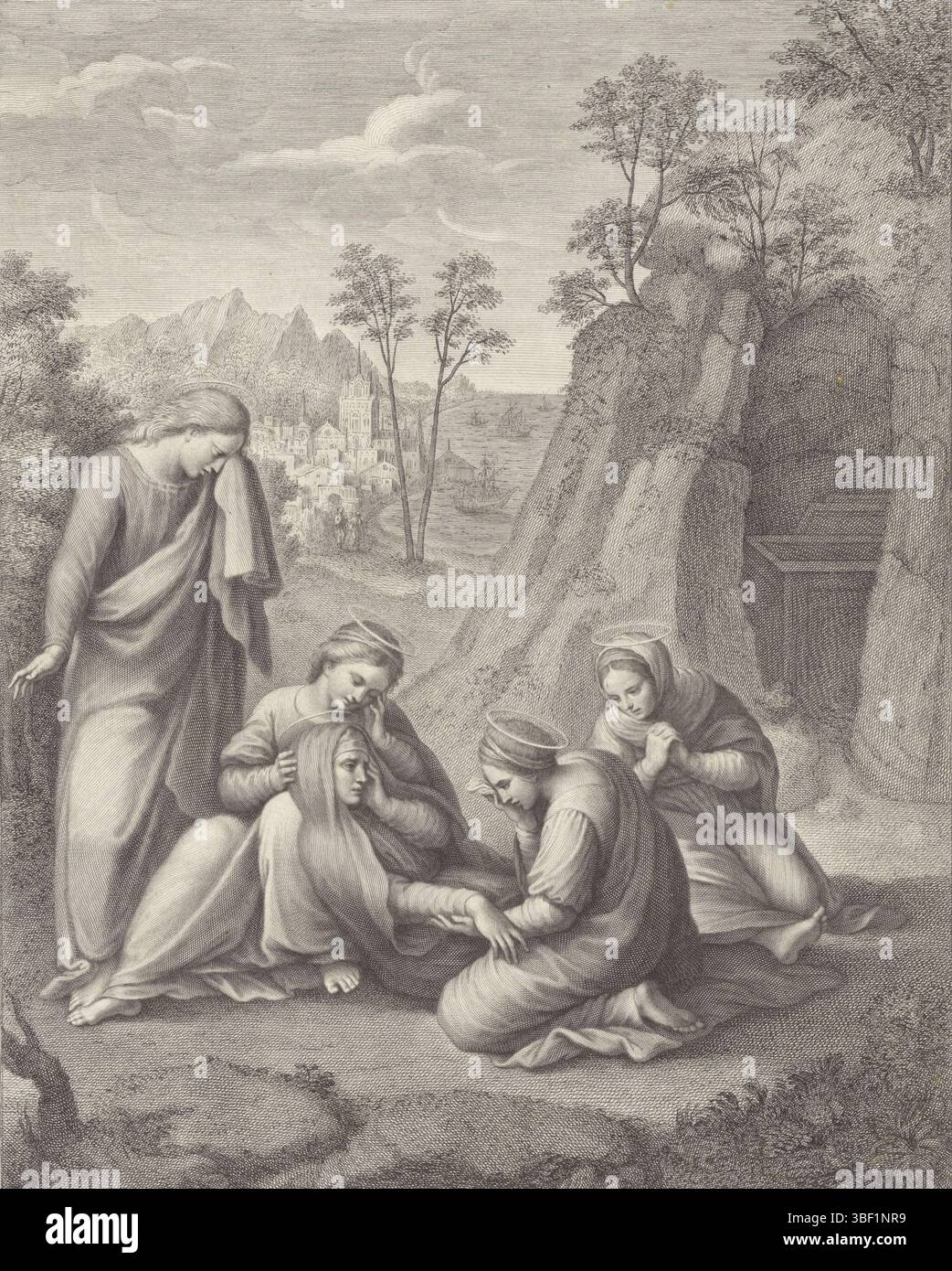 Italien, Raffael, Italien, Gregori, Carlo, Johannes der Evangelist und die Marys am Grab Christi, Verso - gestempelt, Landschaft mit Johannes dem Evangelist und den Marys trauern am Grab Christi., Druck, Höhe 371 mm, Breite 288 mm, Italienisch, 1719 - 1759, Druckerei, 1759 - 1759, Papier, Gravur, Gravuren (Druckverfahren), zwischengeschalteter Zeichner, nach Zeichnung, 07.04.1483, 07.1520 Stockfoto