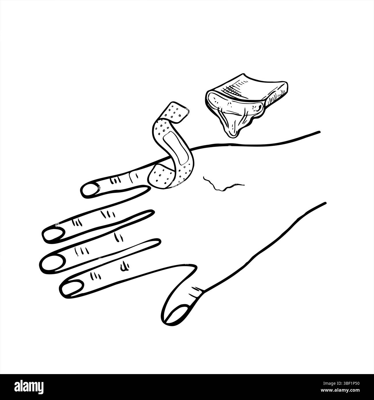 Hand mit symbolischer Wunde, heilendes Aloe Blatt mit tropfendem Saft und Band-Aid-Vektor-Illustration. Kräuterheilskizze für erste-Hilfe-Verpackungen Stock Vektor