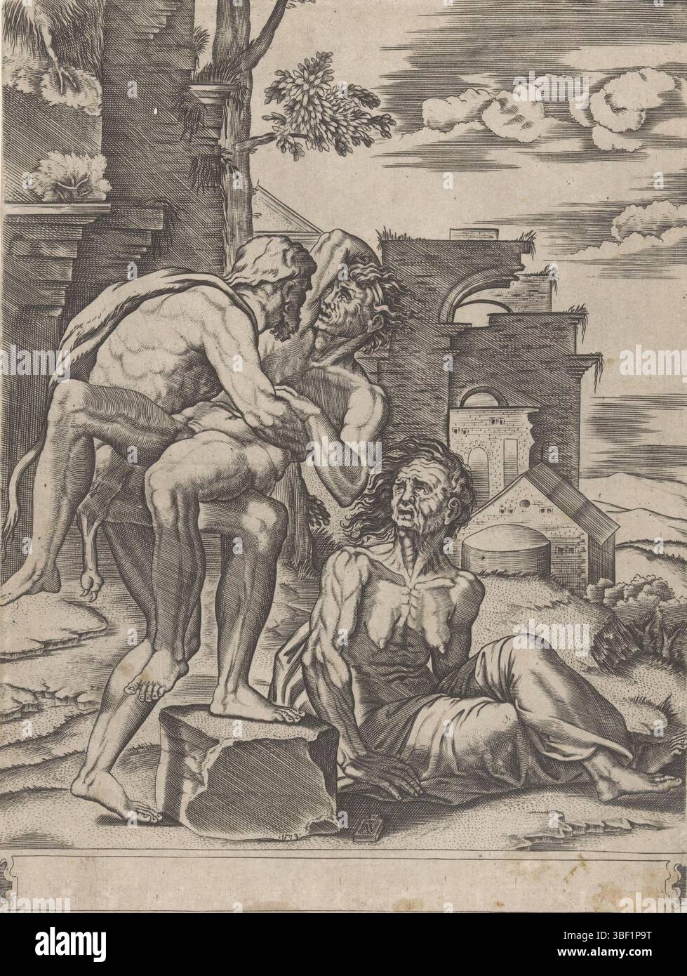 Italien, Raffael, Italien, Veneziano, Agostino, das Leben des Herkules, Herkules kämpft mit Antaeus, verso - gestempelt, hält Herkules den Riesen Antaeus um seine Taille. Da Antaeus unbesiegbar war, solange er mit der Erde in Kontakt blieb, hob ihn Herkules vom Boden. Neben ihnen sitzt eine alte Frau auf dem Boden und beobachtet. Im Hintergrund eine Landschaft mit Gebäuden und Ruinen. Am unteren Rand eine Kartusche ohne Text., Druck, Höhe 239 mm, Breite 181 mm, Italienisch, 1490 - 1536, Druckerei, 1533 - 1533, Papier, Gravur, Gravur (Druckverfahren), Ätzen, Werkkonzeption, 1483- Stockfoto