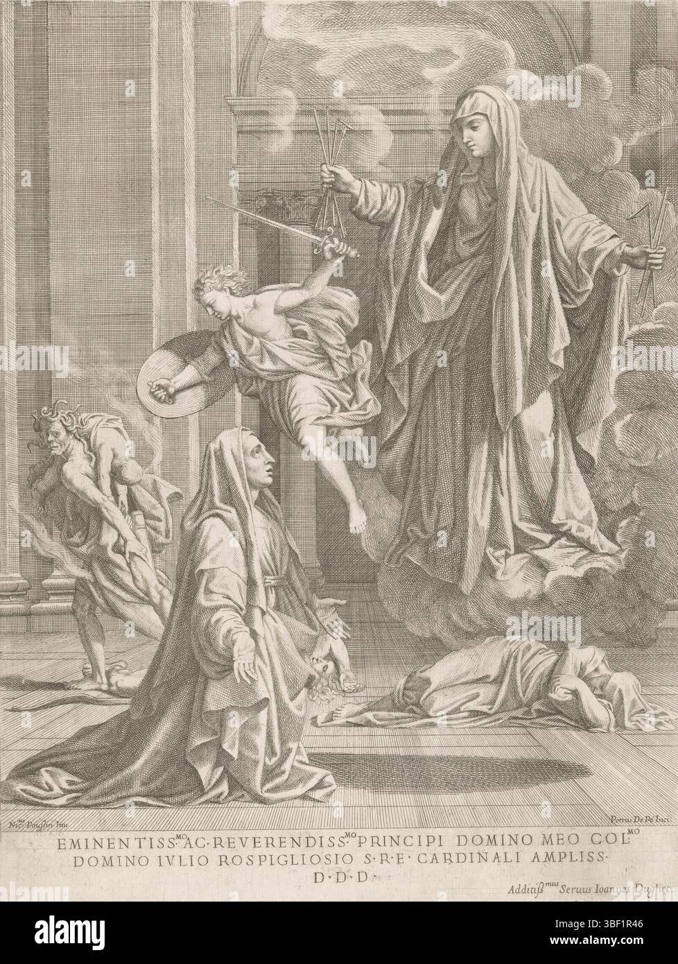 Poussin, Nicolas, Italien, Po, Pietro del, Maria erscheint dem Heiligen Franziska von Rom, verso gestempelt, Maria erscheint bei der knienden Franziska von Rom und kündigt das Ende der Pest in Rom an. Es gibt Opfer der Krankheit in der Nähe von Francisca. Im Hintergrund links ist ein Engel mit einem Schwert, das die Personifizierung der Pest erschreckt, eine Figur mit Schlangen wie Haare, die ein Opfer der Pest über die Schulter trägt., Druck, 7, Recto links unten - handgeschrieben in brauner Tinte, Höhe 382 mm, Breite 288 mm, Italienisch, 1610 - 1692-07-22, Druckerei, 1620 - 1667, Papier, Gravur, Gravur (printi Stockfoto