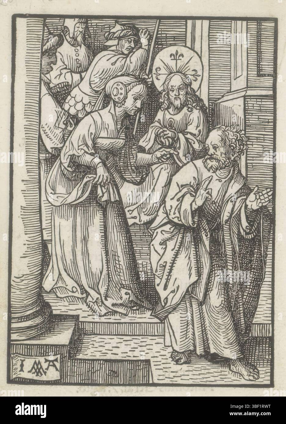 Amsterdam, Pietersz., Doen, Amsterdam, Cornelisz. Van Oostsanen, Jacob, de kleine Passie, Verdelling van Petrus, Cornelisz van Oostsanen, eine Frau zeigt auf Peter und fragt, ob er nicht auch Christus ist. Peter bestreitet das. Im Hintergrund beobachtet Christus mit gefesselten Händen. Druck ist Teil eines Buches., Druck, Buchabbildung, Drucke, Höhe 112 mm, Breite 81 mm, Höhe 141 mm, Breite 101 mm, Noord-Nederlands, 1475 - 1533, Printmaker, 1523 - 1523, Papier, Holzschnitt, Publikation (Event), Publikation, Herausgeber Stockfoto
