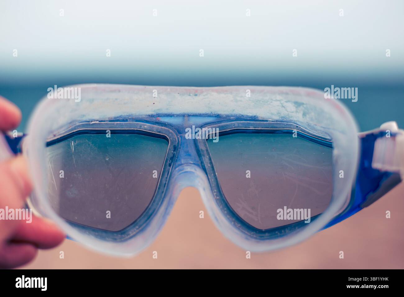 Schnorchelwasserlinsen isoliert auf einem braunen und blauen Beacj-Hintergrund Stockfoto