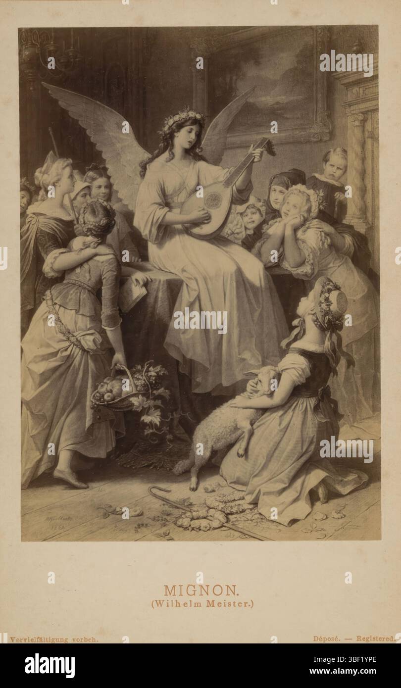 Mignon (Wilhelm Meister), Fotoreproduktion einer Szene aus Goethes Lehrjahren Wilhelm Meister, verso - handschriftlich, Teil eines Covers mit 21 Platten., Foto, Foto, Reproduktion, Seite, Fotos, fotografische illustrierte Bücher, Kaulbachs Goethe-Galerie Nr. 16, Recto - gedruckt, Vervaldigefältigung vorbeh. Verlagsanstalt für Kunst und Wissenschaft formalen Friedrich Bruckmann in München., Friedrich Bruckmann's Verlag/ München, verso - gestempelt, 24.12.94, Höhe 125 mm, Breite 95 mm, Fotograf, 1880 - 1885, Fotopapier, Albumdruck, Albumin prin Stockfoto