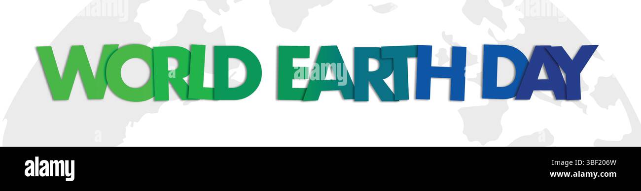 Grüner und blauer Text „Welttag der Erde“ ist auf einer verblassten Weltkarte zentriert und vermittelt Umweltbewusstsein und globale Feierlichkeiten Stock Vektor
