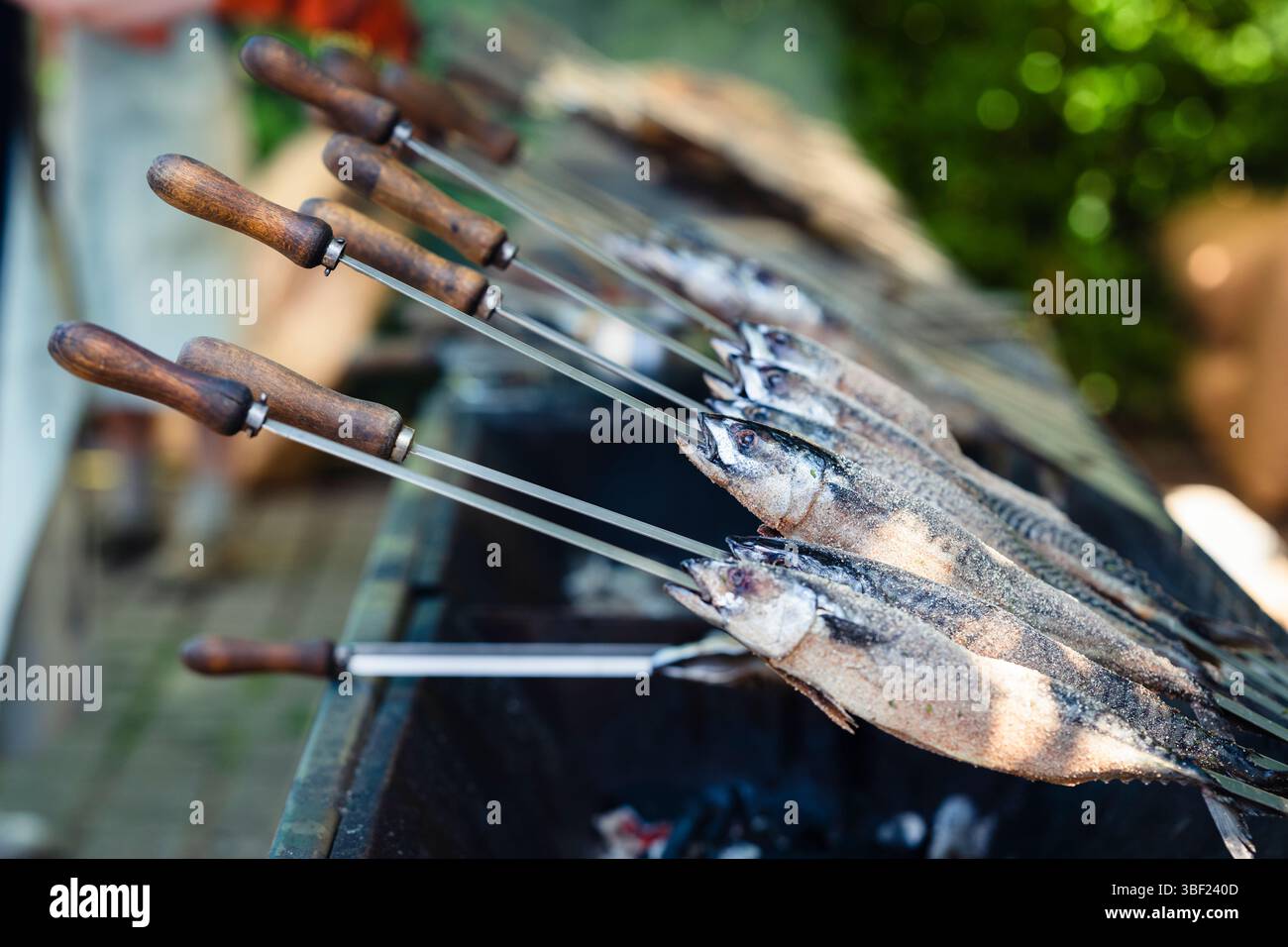 So genannte Steckerlfische - Fisch auf Metallspießen - werden bei einem Festival in Bayern über Holzkohle gegrillt und mit Marinade beschichtet Stockfoto