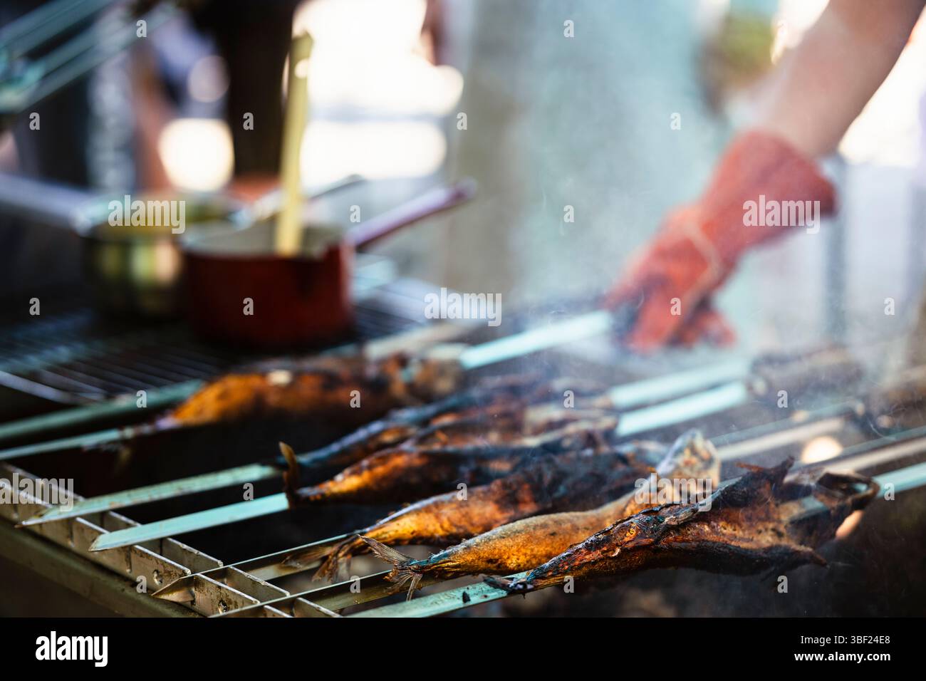 So genannte Steckerlfische - Fisch auf Metallspießen - werden bei einem Festival in Bayern über Holzkohle gegrillt und mit Marinade beschichtet Stockfoto