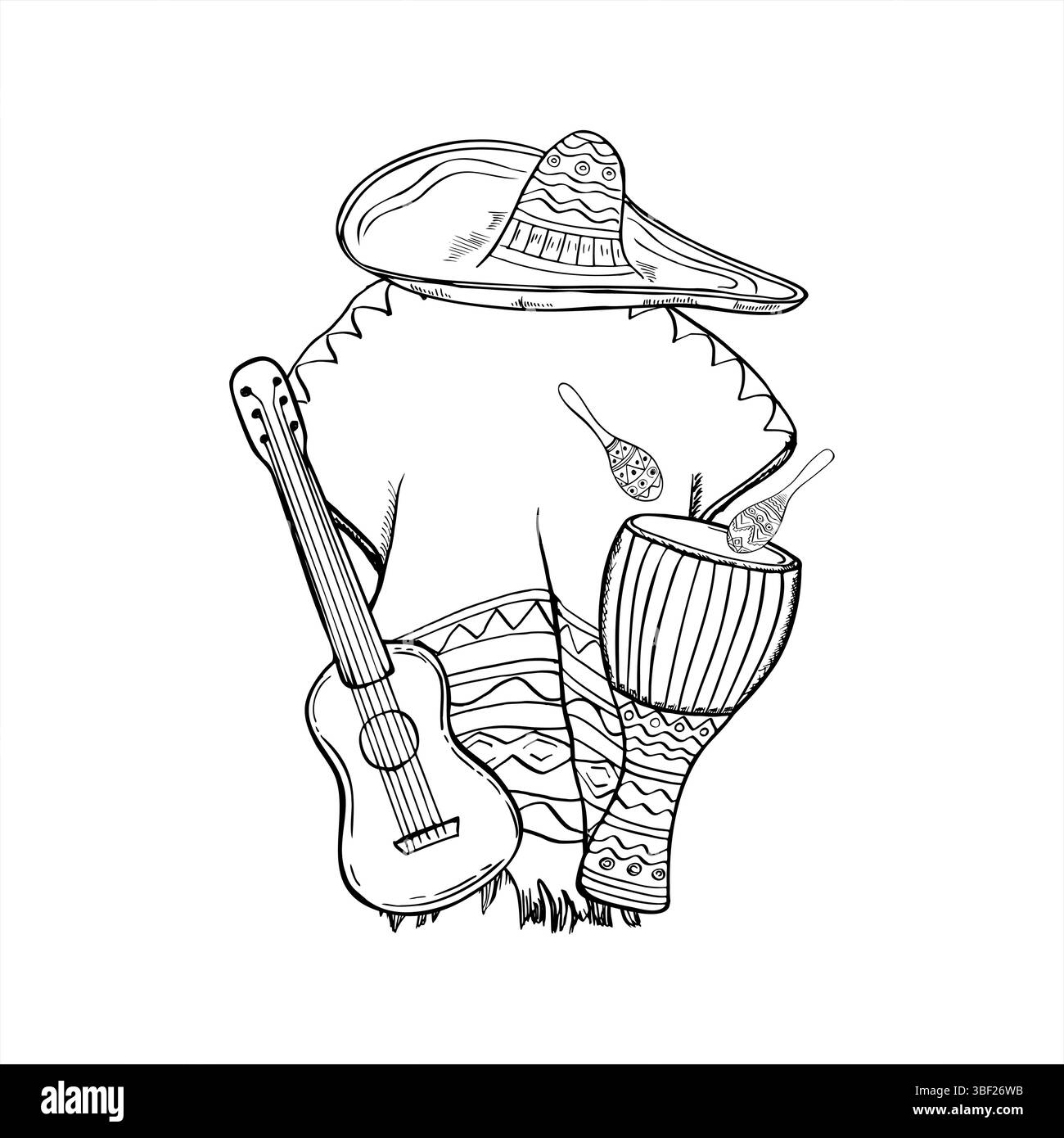 Mexikanische Kulturelemente, Zeilengrafik, schwarze Tinte. Musikinstrumente und traditionelle lateinamerikanische und südamerikanische Tuchätzung Stock Vektor
