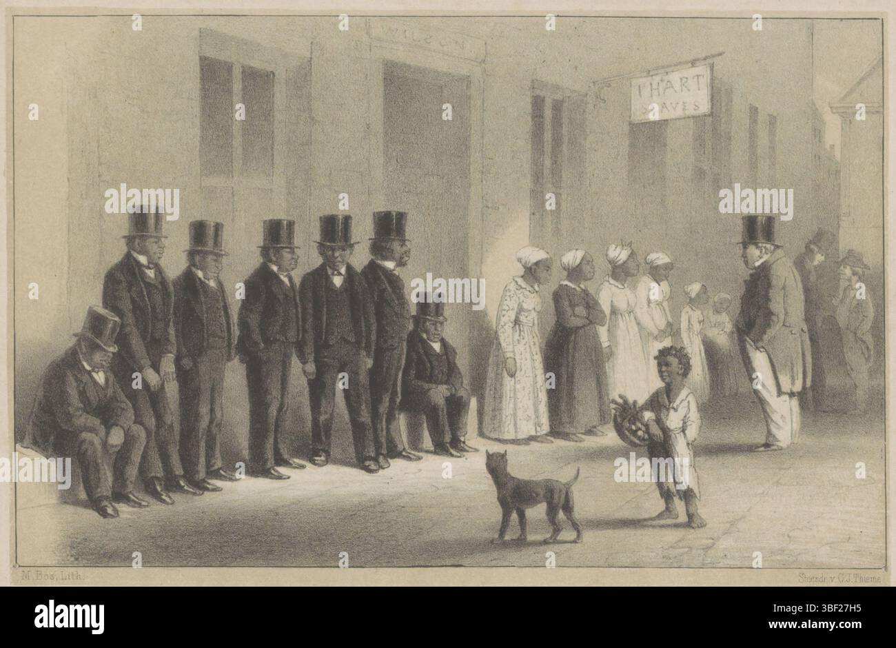 Arnhem, Thieme, Gerrit Jan, Niederlande, Bos, Maarten, vor dem Verkauf, Verkauf von Sklaven, Arnheim, männliche und weibliche Sklaven stehen in einer Reihe für eine Fassade. Alle Männer tragen Anzüge und Hüte. Zwei von ihnen setzten sich. Vor ihnen steht ein weißer Mann mit hohem Hut, die Hände in den Taschen. Auf einem Schild an der Fassade steht: T. Hart Sklaven. Vorne ist ein Junge mit einem Korb unter dem Arm und einer Katze. Bedruckt, Höhe 139 mm, Breite 197 mm, Niederländisch, 15. Februar 1831 - 22. März 1902, Druckerei, 1841 - 1902, Papier, Display-Lithographie, 01.04.1827 - 15.02.1889, Drucker Stockfoto
