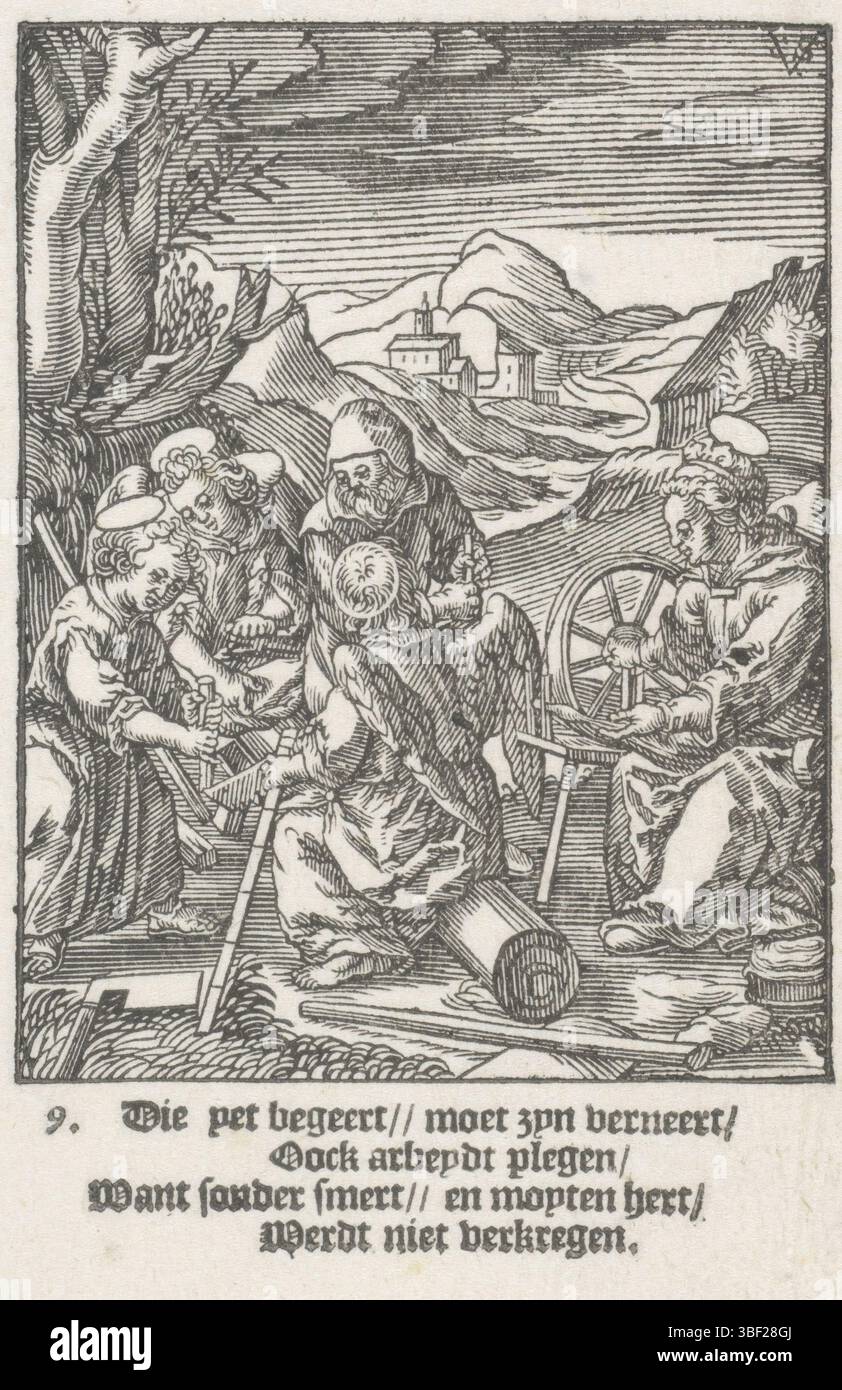 Wierix, Hieronymus, Amsterdam, Shechem, Christoffel van (II), de kindsheyd onzes lorden Iesu Christi, die Jugend Christi, Christkind sägt einen Baumstamm, verso gelassen unter - gestempelt, Het Christkind, geholfen von zwei Engeln, sägt einen Baumstamm in Stücke. Sein Vater Joseph sieht zu. Maria dreht sich. Im unteren Rand vier Zeilen niederländischer Text., Druck, Höhe 136 mm, Breite 85 mm, Noord-Nederlands, 1581 - 1658-07-02, Druckerei, 1617 - 1617, Papier, Holzschnitt, Buchdruck, Buchdruck, Werkkonzeption, Zuid-Nederlands, 1553 - 1619-11-01 Stockfoto