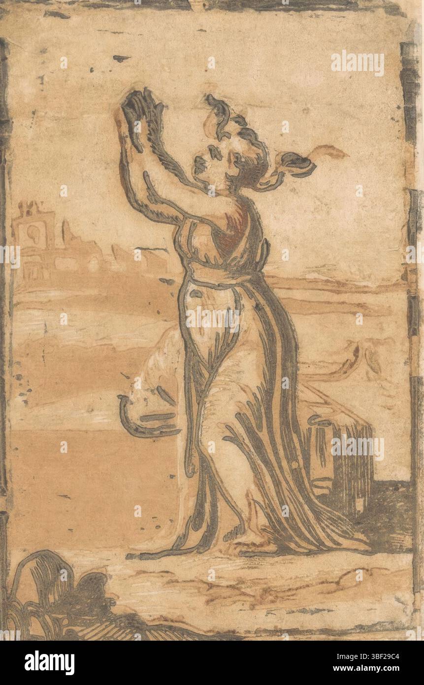 Parmigianino, Italien, Carpi, Ugo da, Hope, eine weibliche Personifikation der Hoffnung (Spes), kniend und mit Händen im Gebet., Druck, Höhe 152 mm, Breite 101 mm, Italienisch, Druckerei, 1502 - 1532, 3. Viertel 15. Jahrhundert, 4. Viertel 15. Jahrhundert, 1. Viertel 16. Jahrhundert, 2. Viertel 16. Jahrhundert, Papier, clair-obskur-Holzschnitt, Werkkonzeption, 11. Januar 1503 - 24. August 1540 Stockfoto
