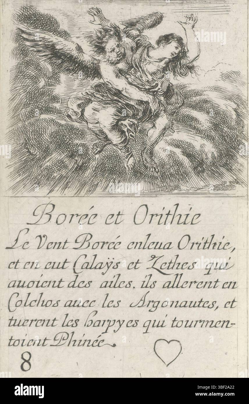 Frankreich, französische Krone, Paris, Grass, Henry le, Frankreich, Bella, Stefano della, Jeu des Fables, Kartenspiel mit mythologischen Darbietungen, Borée et Orithie, Harten 8, Boreas und Oreithyia, Playcard mit einer Darbietung von Boreas, der Oreithyia spielt. Zusammen schweben sie in der Luft. Text und Herz im unteren Rand., Druck, Spielkarte, Ausdrucke, hoch 88 mm, Breite 55 mm, Italienisch, 1610-05-18-1664-07-27, Printmaker, 1620-1664, Papier, Ätzen, Publikation (Veranstaltung), Publikation, Französisch, Herausgeber, Lieferant der Berechtigung Stockfoto