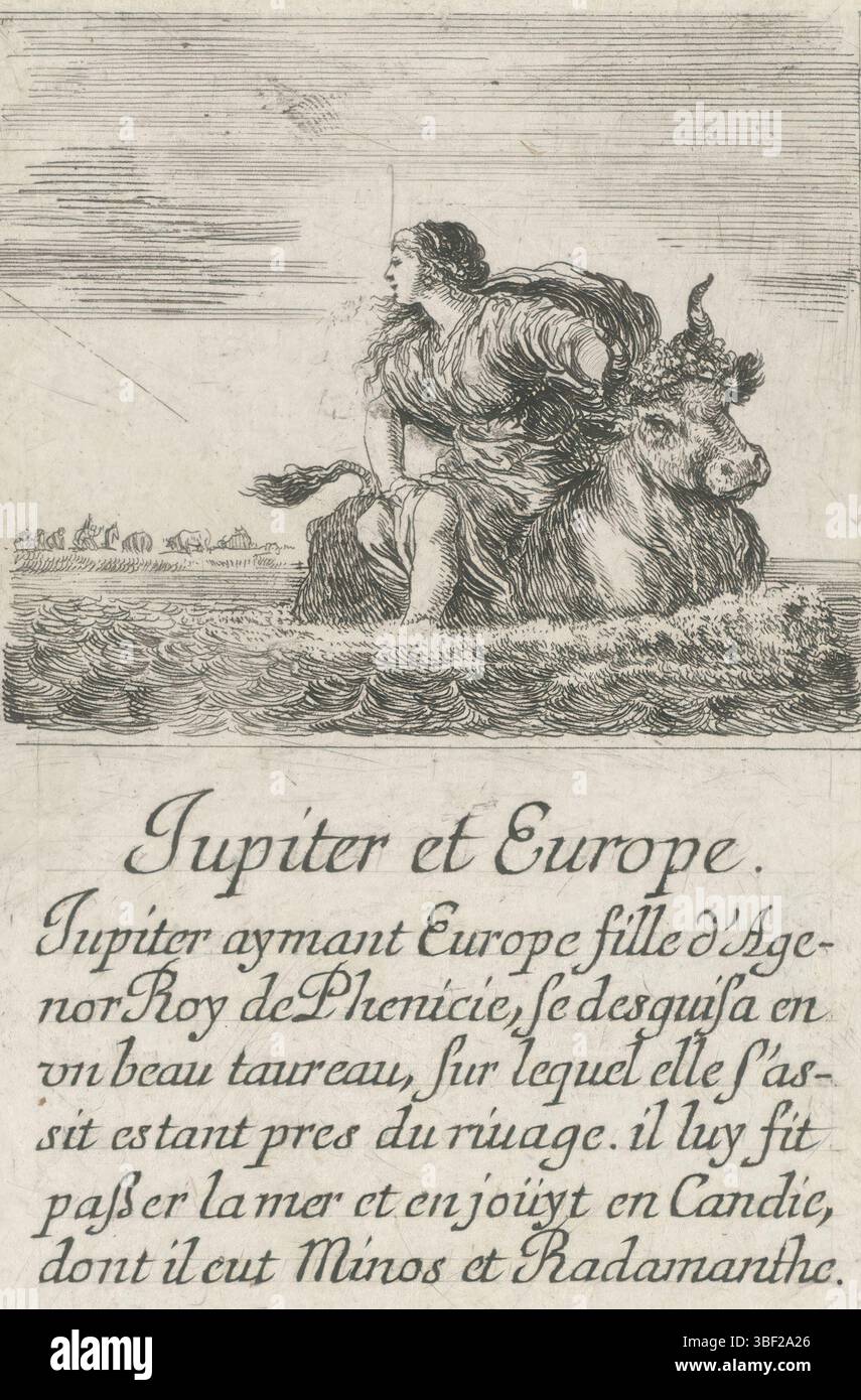 Frankreich, französische Krone, Paris, Grass, Henry le, Frankreich, Bella, Stefano della, Jeu des Fables, Kartenspiel mit mythologischen Darbietungen, Jupiter et Europe, Hearts Sieben, Jupiter en Europa, Playcard mit einer Darbietung des Jupiters in Form eines Stiers mit Europa auf dem Rücken. Text und Herz im unteren Rand., Druck, Spielkarte, Ausdrucke, hoch 88 mm, Breite 55 mm, Italienisch, 1610-05-18-1664-07-27, Printmaker, 1620-1664, Papier, Ätzen, Publikation (Veranstaltung), Publikation, Französisch, Herausgeber, Lieferant der Berechtigung Stockfoto