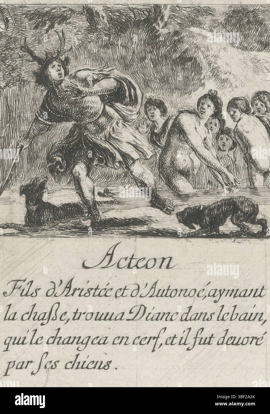 Frankreich, französische Krone, Paris, Grass, Henry le, Frankreich, Bella, Stefano della, Jeu des Fables, Kartenspiel mit mythologischen Darbietungen, Acteon, Hearts Ten, Actaeon, Playcard mit einer Darbietung von Prinz Actaeon, der die Göttin Diana und ihre Nymphen beim Baden erwischte. Als Strafe gibt Diana ihm ein Hirschgeweih. Text und Herz im unteren Rand., Druck, Spielkarte, Ausdrucke, hoch 88 mm, Breite 55 mm, Italienisch, 1610-05-18-1664-07-27, Printmaker, 1620-1664, Papier, Ätzen, Publikation (Veranstaltung), Publikation, Französisch, Herausgeber, Lieferant der Berechtigung Stockfoto