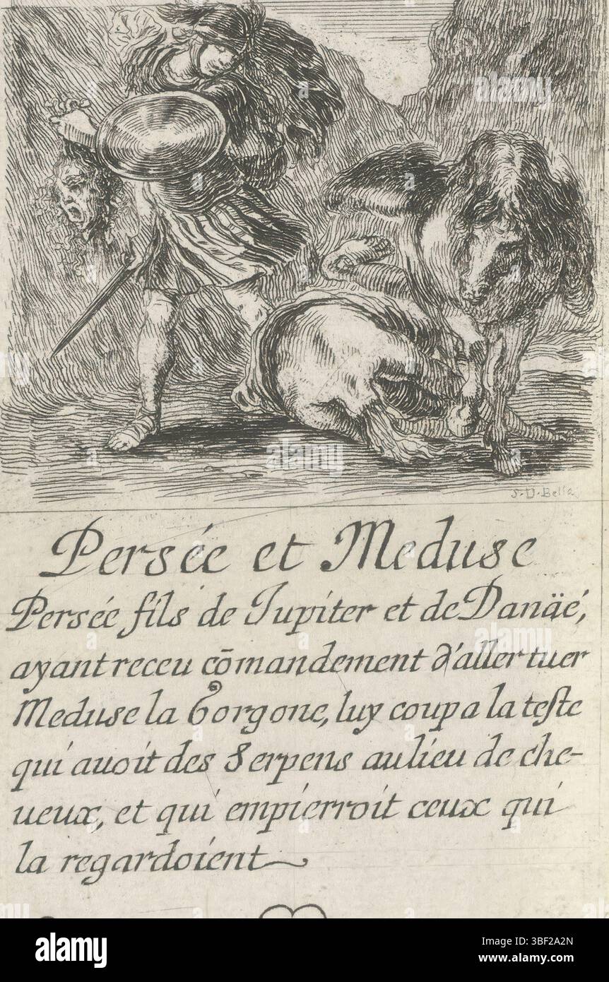 Frankreich, französische Krone, Paris, Grass, Henry le, Frankreich, Bella, Stefano della, Jeu des Fables, Kartenspiel mit mythologischen Darbietungen, Persée et Meduse, Hearts Nine, Perseus und Medusa, Playcard mit Perseus mit dem Kopf der Medusa. Text und Herz im unteren Rand., Druck, Spielkarte, Ausdrucke, hoch 88 mm, Breite 55 mm, Italienisch, 1610-05-18-1664-07-27, Printmaker, 1620-1664, Papier, Ätzen, Publikation (Veranstaltung), Publikation, Französisch, Herausgeber, Lieferant der Berechtigung Stockfoto