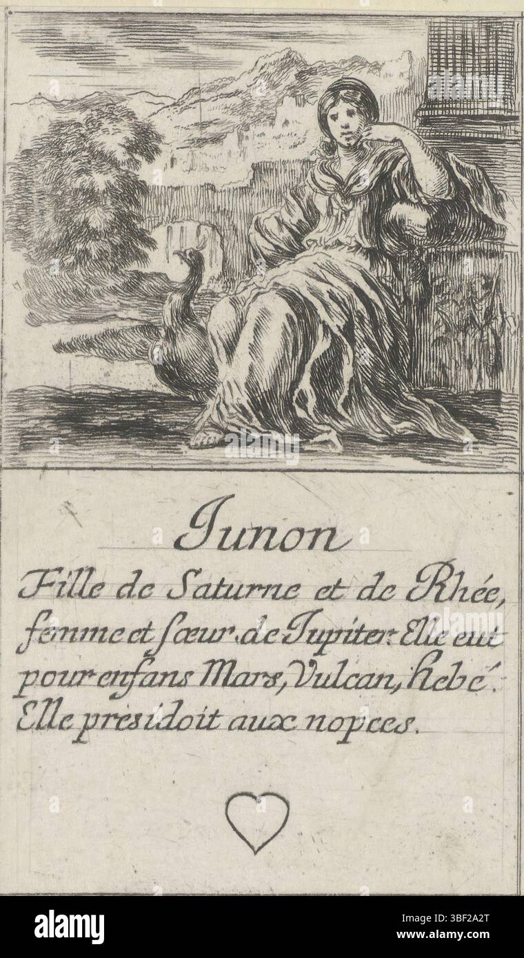 Frankreich, französische Krone, Paris, Grass, Henry le, Frankreich, Bella, Stefano della, Jeu des Fables, Kartenspiel mit mythologischen Darbietungen, Junon, Heartswoman, Juno, Playcard mit Juno und einem Pfau. Text und Herz im unteren Rand., Druck, Spielkarte, Ausdrucke, hoch 88 mm, Breite 55 mm, Italienisch, 1610-05-18-1664-07-27, Printmaker, 1620-1664, Papier, Ätzen, Publikation (Veranstaltung), Publikation, Französisch, Herausgeber, Lieferant der Berechtigung Stockfoto