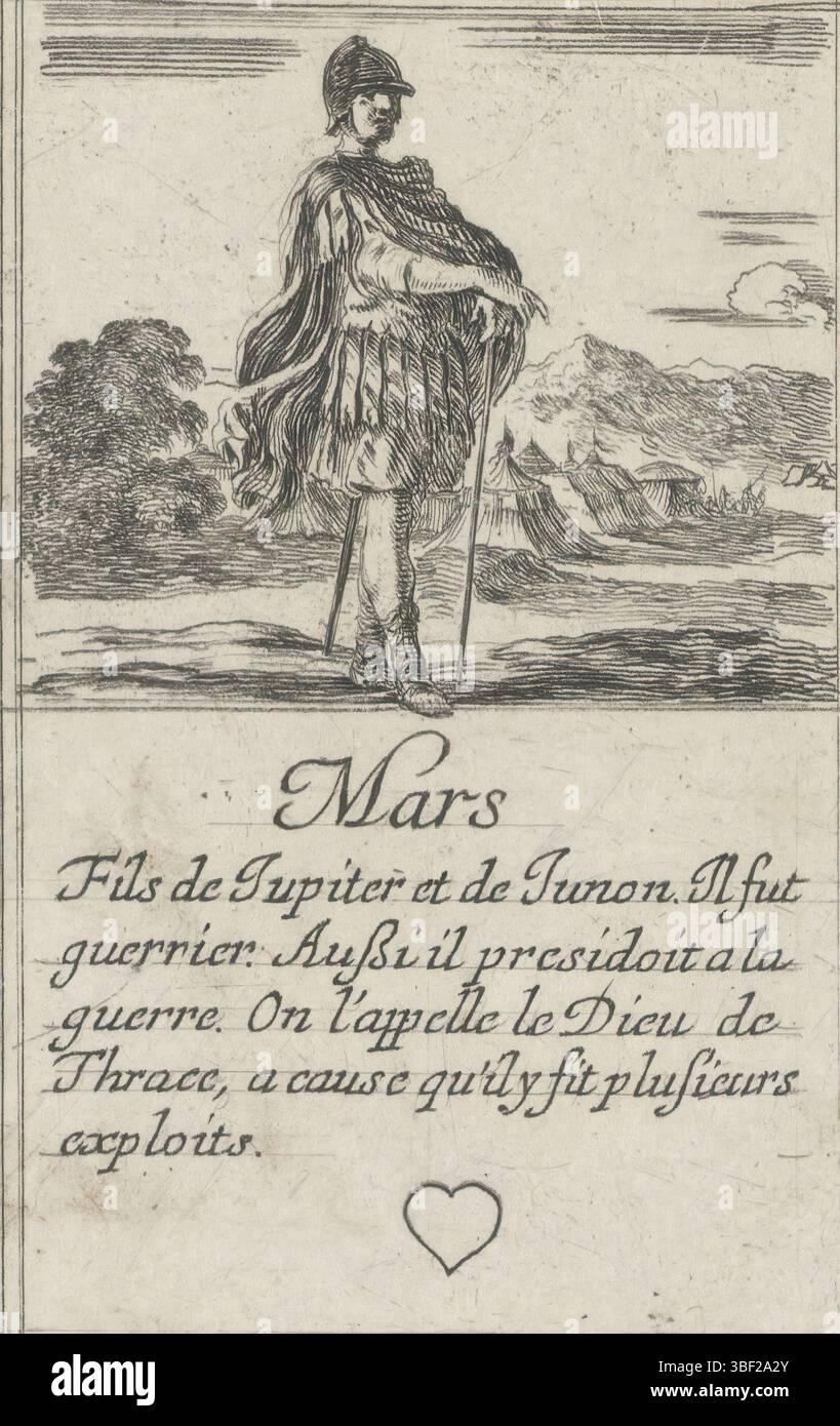Frankreich, französische Krone, Paris, Grass, Henry le, Frankreich, Bella, Stefano della, Jeu des Fables, Kartenspiel mit mythologischen Darbietungen, Mars, Hartenboer, Spielkarte mit einer Darstellung des Mars, der in einer Landschaft steht. Text und Herz im unteren Rand., Druck, Spielkarte, Ausdrucke, hoch 88 mm, Breite 55 mm, Italienisch, 1610-05-18-1664-07-27, Printmaker, 1620-1664, Papier, Ätzen, Publikation (Veranstaltung), Publikation, Französisch, Herausgeber, Lieferant der Berechtigung Stockfoto
