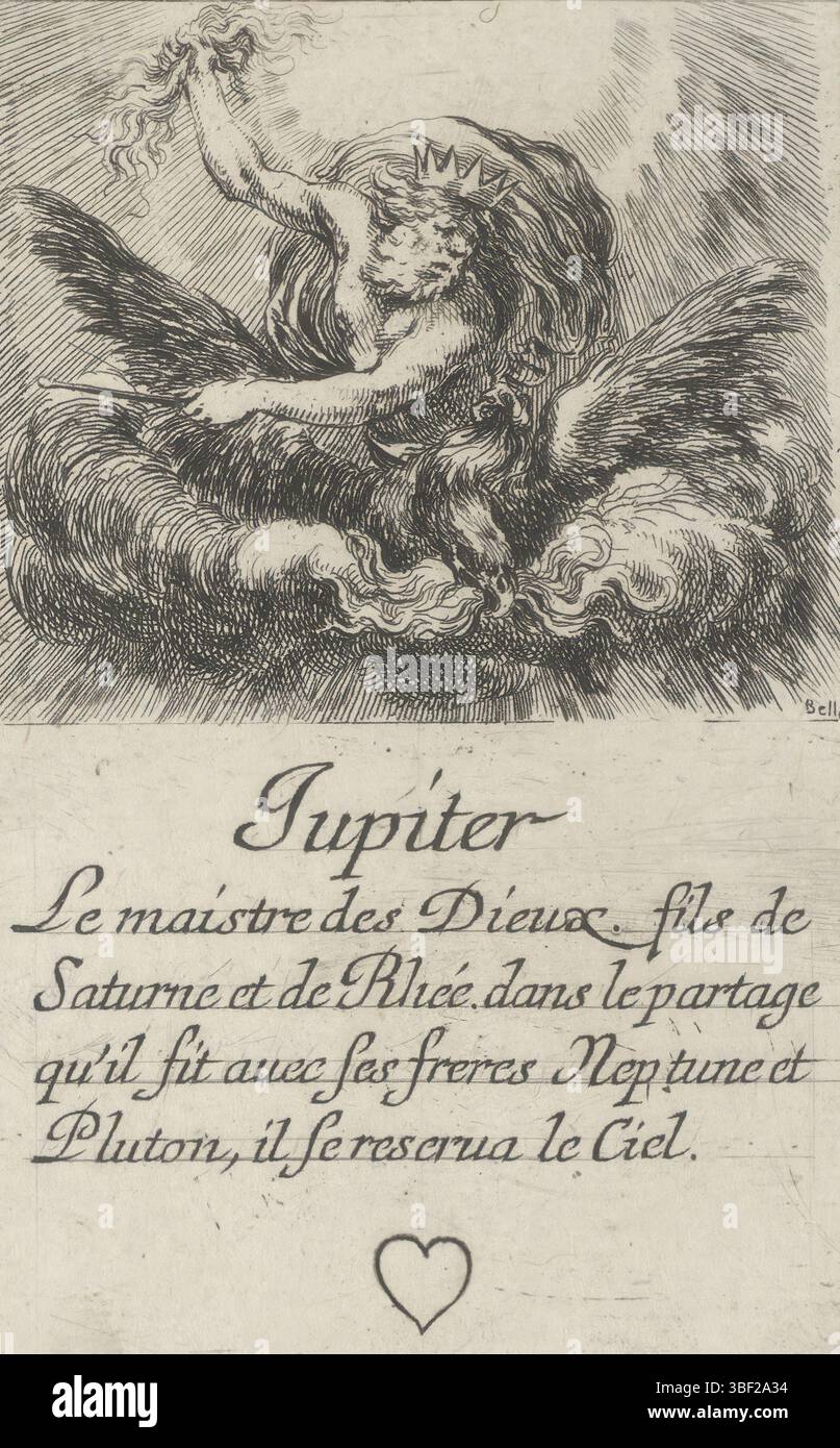 Frankreich, französische Krone, Paris, Grass, Henry le, Frankreich, Bella, Stefano della, Jeu des Fables, Kartenspiel mit mythologischen Darbietungen, Jupiter, König der Herzen, Playcard mit einer Darbietung von Jupiter mit einem Bündel Blitze in der Hand, auf dem Rücken eines Adlers fliegen. Text und Herz im unteren Rand., Druck, Spielkarte, Ausdrucke, hoch 88 mm, Breite 55 mm, Italienisch, 1610-05-18-1664-07-27, Printmaker, 1620-1664, Papier, Ätzen, Publikation (Veranstaltung), Publikation, Französisch, Herausgeber, Lieferant der Berechtigung Stockfoto