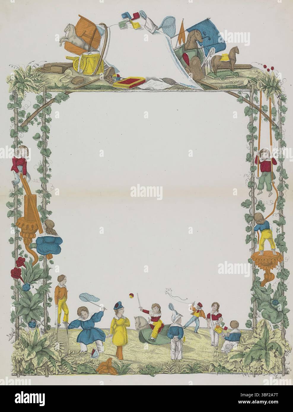 Niederlande, Niederlande, Wenletter met speelende kinderen, verso - gestempelt, Wenletter met onbeschrijf cartouche binnen een dekorativer Rahmen met voorgestellen van speelende kinderen en toyen. Nummeriert unten rechts: Nr. 5., Druck, Folk Print, Wunschbrief, Drucke, Volksdrucke, Höhe 427 mm, Breite 338 mm, Druckmaschine, 1780 - 1899, Papier, Lithografie (Technik), Farben, Publikation (Veranstaltung), Publikation, Herausgeber Stockfoto