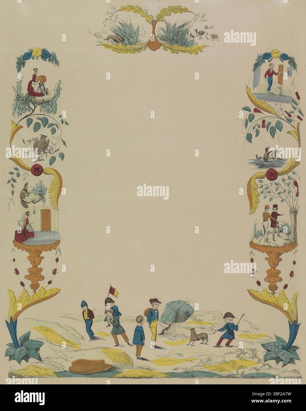 Niederlande, Niederlande, Wenbrief met verso, Niederlande, verso - gestempelt, Wenbrief met onbeschrijf cartouche binnen een dekorative Rahmen met voorgestellen van diverse Tiere, Figuren en speelende kinderen. Nummeriert unten rechts: Nr. 21., Druck, Folk Print, Grußbrief, Drucke, Volksdrucke, Höhe 427 mm, Breite 337 mm, Druckmaschine, 1780 - 1899, Papier, Lithografie (Technik), Farben, Publikation (Veranstaltung), Publikation, Herausgeber Stockfoto