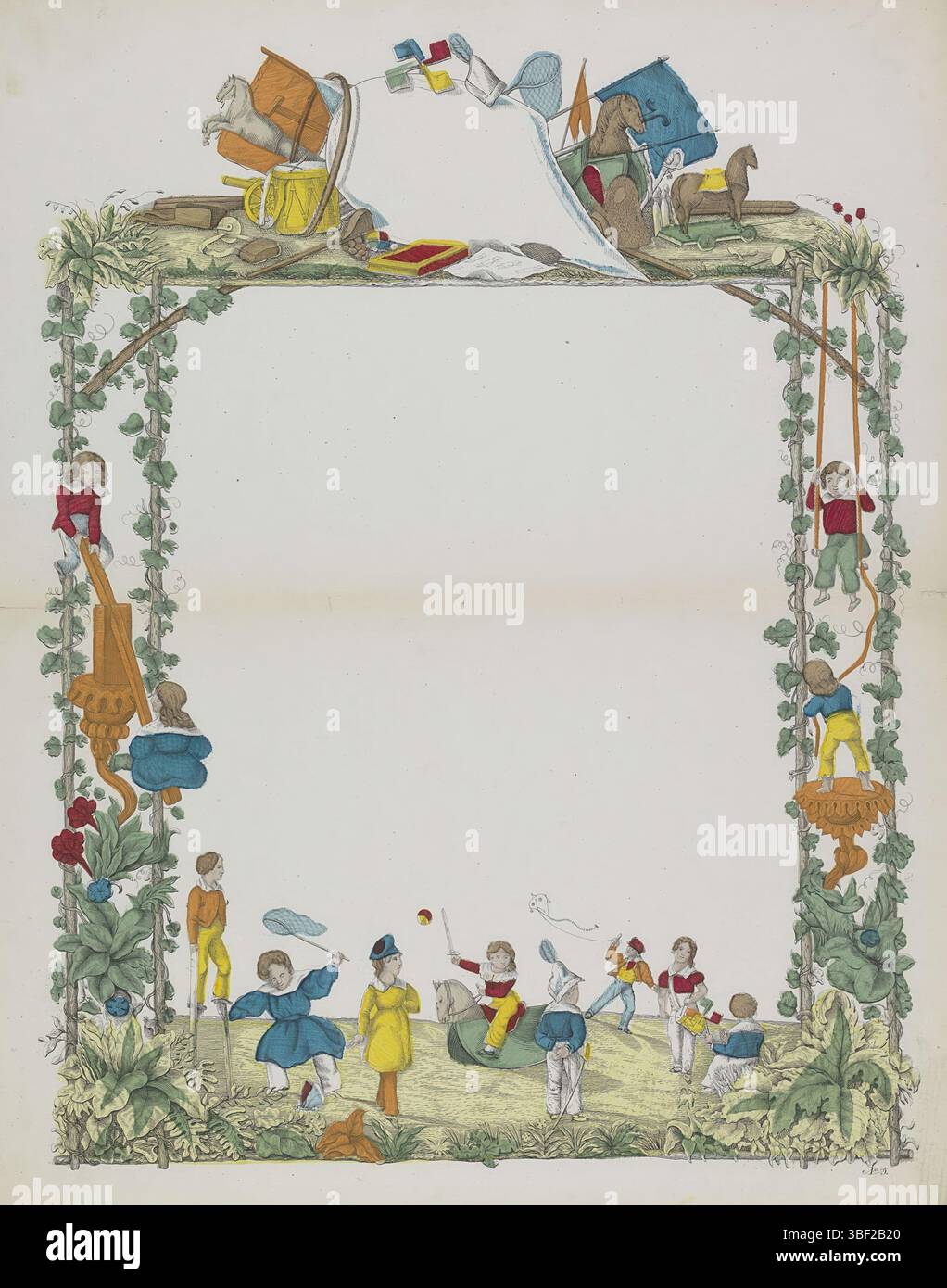 Niederlande, Niederlande, Wenletter met speelende kinderen, verso - gestempelt, Wenletter met onbeschrijf cartouche binnen een dekorativer Rahmen met voorgestellen van speelende kinderen en toyen. Nummeriert unten rechts: Nr. 5., Druck, Folk Print, Wunschbrief, Drucke, Volksdrucke, Höhe 427 mm, Breite 338 mm, Druckmaschine, 1780 - 1899, Papier, Lithografie (Technik), Farben, Publikation (Veranstaltung), Publikation, Herausgeber Stockfoto