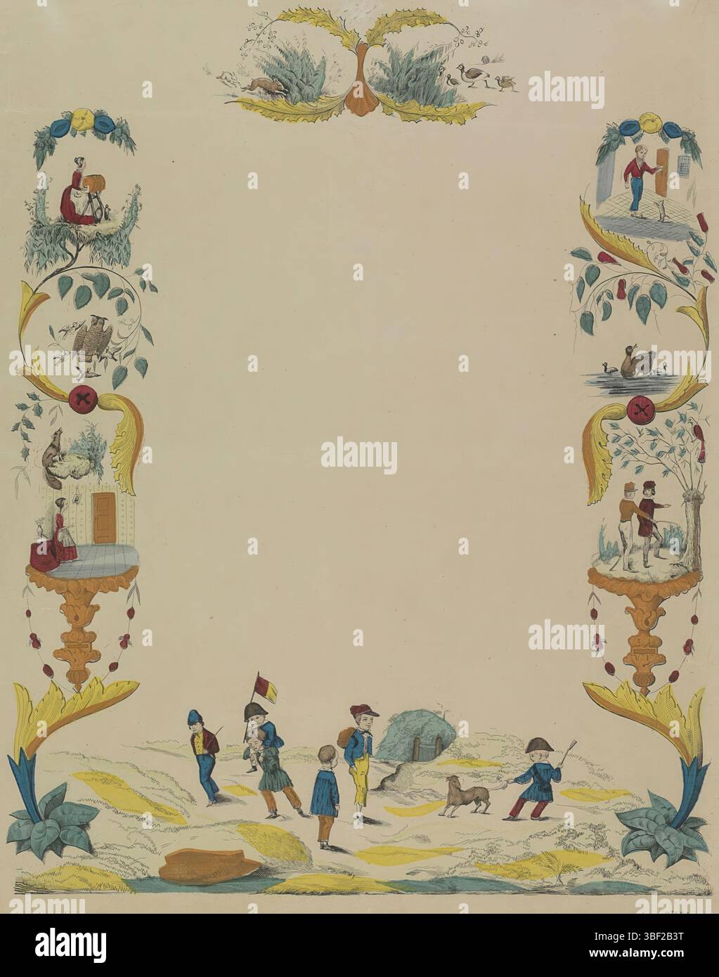 Niederlande, Niederlande, Wenbrief met verso, Niederlande, verso - gestempelt, Wenbrief met onbeschrijf cartouche binnen een dekorative Rahmen met voorgestellen van diverse Tiere, Figuren en speelende kinderen. Nummeriert unten rechts: Nr. 21., Druck, Folk Print, Grußbrief, Drucke, Volksdrucke, Höhe 427 mm, Breite 337 mm, Druckmaschine, 1780 - 1899, Papier, Lithografie (Technik), Farben, Publikation (Veranstaltung), Publikation, Herausgeber Stockfoto