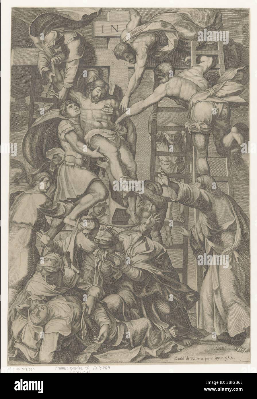 Rom, Daniele da Volterra, unbekannt, Kreuzentfernung, Rom, verso - gestempelt, wird Christus vom Kreuz genommen von einer Gruppe von Männern auf Leitern. Am unteren Ende des Kreuzes die Marias trauern., Druck, Höhe 427 mm, Breite 293 mm, Druckerei, 1519 - 1566, Papier, Gravur, Gravur (Druckverfahren), Italienisch, 1509 - 1566-04-04, nach dem Anstreichen von Stockfoto