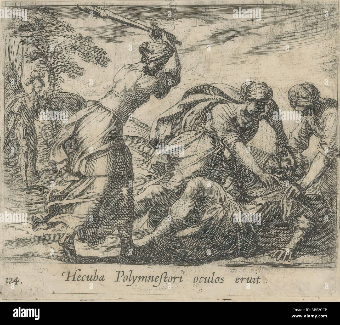 Antwerpen, Jode, Pieter de (I), Italien, Tempesta, Antonio, Metamorphosen van Ovidius, Metamorphoseon sive transformationum, Hecuba Polymnestori oculos Out, Hekuba und die Trojanischen Frauen töten Polymestor, Antwerpen, verso - gestempelt, Hekuba und die Trojanischen Frauen töten Polymestor. Hekuba ragt aus den Augen von Polymestor hervor. Titel in lateinischer Sprache am unteren Rand, Druck, Höhe 104 mm, Breite 117 mm, Italienisch, 1555 - 1630-08-05, Druckmaschine, 1606 - 1606, Papier, Ätzen, Publikation (Event), Publikation, Südholländisch, 1570 - 1634-08-09, Verlag Stockfoto