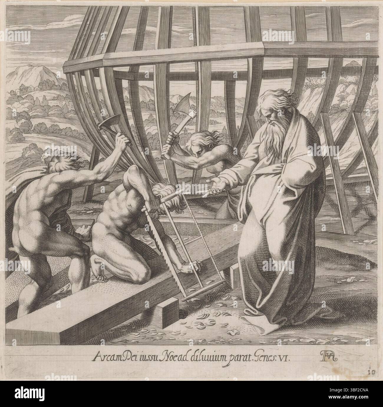 Vatikanstadt, Raffael, Italien, Villamena, Francesco, La Sacra Genesi, Gemälde in der Loggia von Raphael, Söhne von Noah bauen die Arche, verso - gestempelt, unter der Aufsicht von Noah bauen seine Söhne die Arche. Unten rechts nummeriert: 10. Verweis auf Bibeltext am unteren Rand, Druck, Höhe 183 mm, Breite 183 mm, Italienisch, 1566 - 1624-07-07, Druckerei, 1626 - 1626, Papier, Gravur, Gravur (Druckverfahren), Ätzen, Tellerton, 07.04.1483, 1520.04.07, zum Anstreichen von Stockfoto