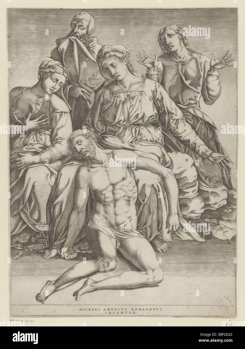 Italien, Michelangelo, Italien, Bewening, verso - handgeschrieben in brauner Tinte, der Leib Christi weint von Maria und anderen., Druck, verso - gestempelt, 593, Höhe 350 mm, Breite 257 mm, Drucker, 1485 - 1564, Papier, Gravur, Tellerton, Arbeitskonzept, Italienisch, 1475-03-18. - 1564 Stockfoto