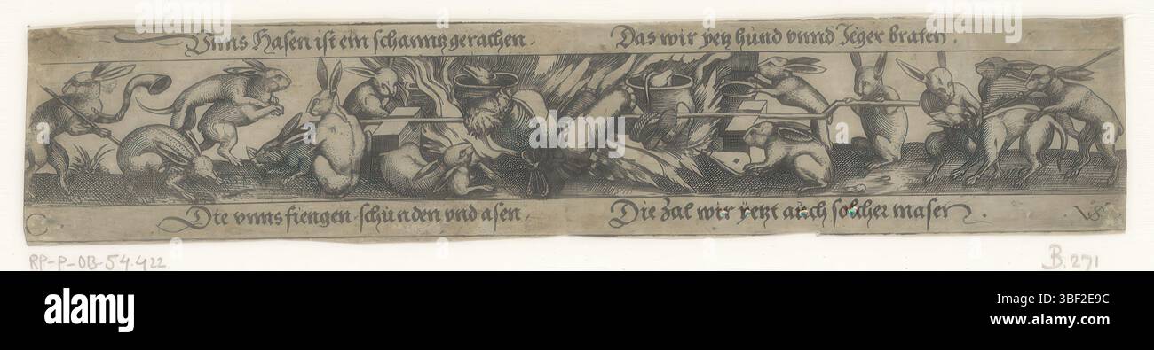 Nürnberg, Solis, Virgil, Hunter und Hund von Hasen gebraten, verso - handgeschrieben in brauner Tinte, Druck, verso - gestempelt, 24, Höhe 39 mm, Breite 197 mm, Drucker, 1524 - 1612, Papier, Ätzen, Blattton, Werkkonzeption, Deutsch, 1514 - 1562-08-01, Druck von, Plattenton Stockfoto