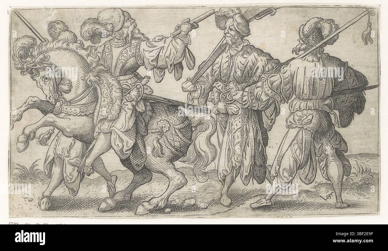 Nürnberg, Solis, Virgil, vier landsknechten, verso - handgeschrieben in brauner Tinte, Druck, rückseitig - gestempelt, 142, Höhe 73 mm, Breite 127 mm, Deutsch, 1514 - 1562-08-01, Drucker, 1524 - 1562, Papier, Ätzen, Tellerton“ Stockfoto