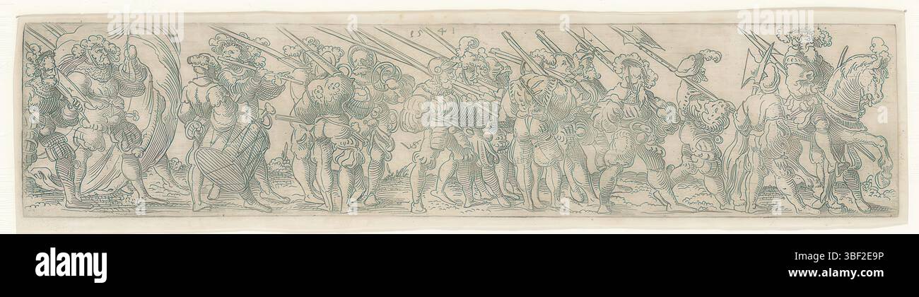 Nürnberg, Solis, Virgil, Soldatengruppe zu Fuß mit Frontreiter, rückwärts - handgeschrieben in brauner Tinte, Druck, rückwärts - gestempelt, 42, Höhe 38 mm, Breite 171 mm, Deutsch, 1514 - 1562-08-01, Drucker, 1541 - 1541, Papier, Ätzen, Tellerton Stockfoto