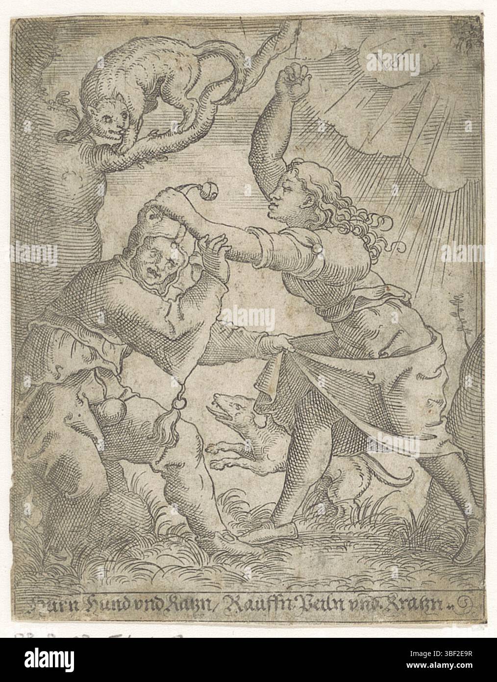 Nürnberg, Solis, Virgil, Szenen mit Narren und Frauen, Nar von einer Frau geschlagen, Verso - handgeschrieben in brauner Tinte, Druck, Verso - gestempelt, 132, Höhe 84 mm, Breite 66 mm, Deutsch, 1514 - 1562-08-01, Drucker, 1524 - 1562, Papier, Gravieren, Gravieren (Druckverfahren), Ätzen, Tellerton“ Stockfoto