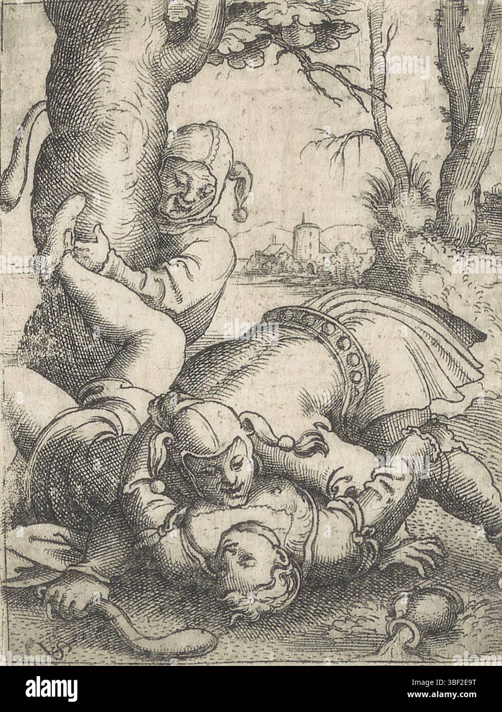 Nürnberg, Solis, Virgil, Szenen mit narraren en vrouwen, Frau von zwei Narraren angegriffen, rückwärts - handgeschrieben in brauner Tinte, Druck, rückseitig - gestempelt, 1[...]4, Höhe 86 mm, Breite 66 mm, Deutsch, 1514 - 1562-08-01, Drucker, 1524 - 1562, Papier, Ätzen, Gravieren, Gravieren (Druckverfahren), Tellerton“ Stockfoto