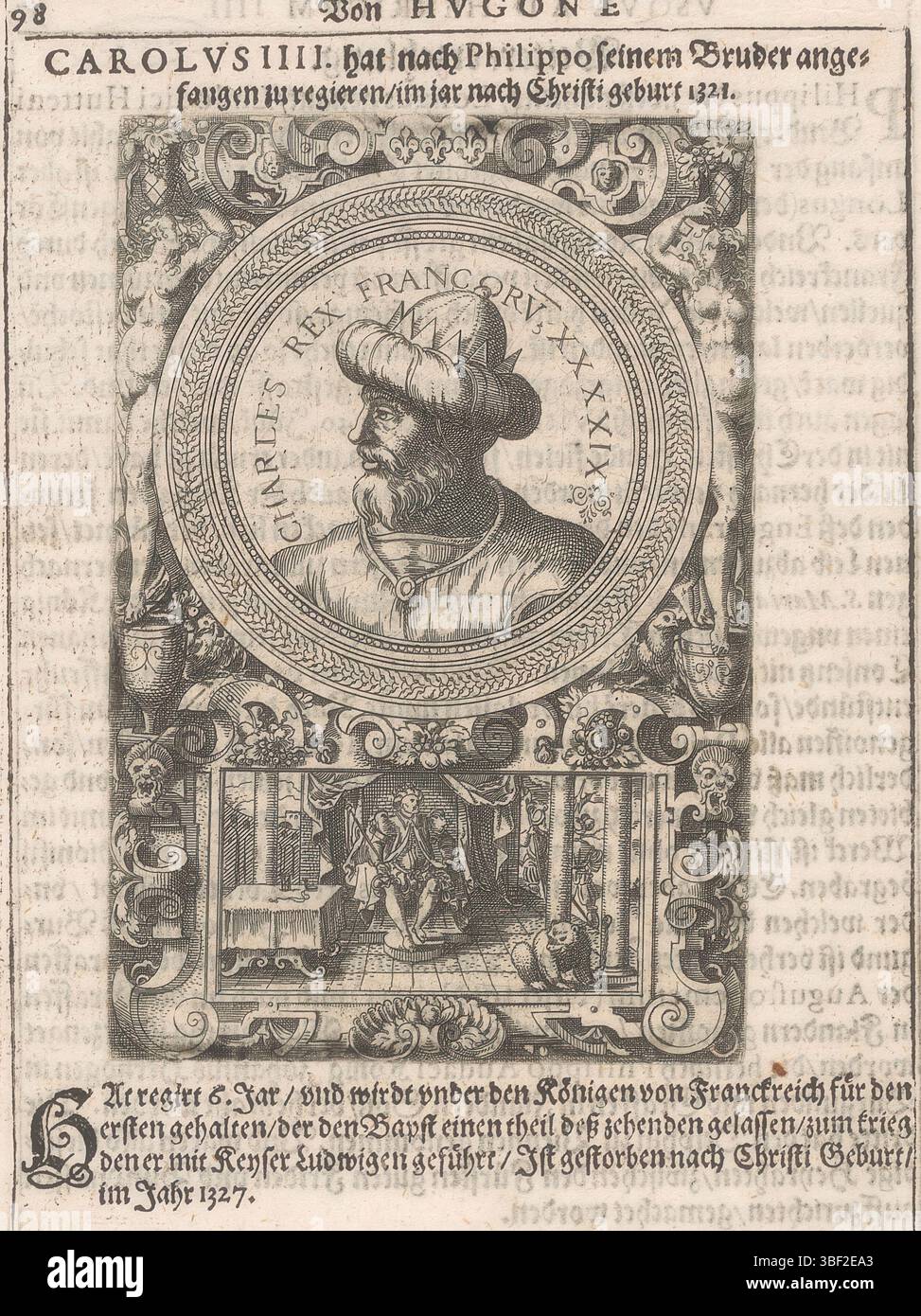Nürnberg, Bussemacher, Johann, Amman, Jost, Porträt von Karl IV., König von Frankreich und Navarra, rückseitig - handgeschrieben in brauner Tinte, Druck, Buchabbildung, Drucke, rückseitig - gestempelt, 158, Höhe 120 mm, Breite 80 mm, Schweiz, 1539 - 1591-03-15, Drucker, 1598 - 1598, Papier, Ätzen, Bogenton, Publikation (Veranstaltung), Publikation, Deutsch - 1627, Verlag Stockfoto