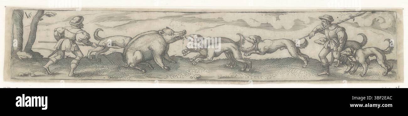 Nürnberg, Solis, Virgil, Wildschweinjagd, verso - handgeschrieben in brauner Tinte, Druck, verso - gestempelt, 30, Höhe 32 mm, Breite 172 mm, Deutsch, 1514 - 1562-08-01, Drucker, 1524 - 1562, Papier, Gravur, Druckprozess, Tellerton“ Stockfoto