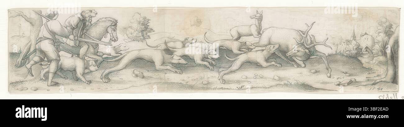 Nürnberg, Solis, Virgil, Hertenjacht, verso - handgeschrieben in brauner Tinte, Druck, rückseitig - gestempelt, 30, Höhe 38 mm, Breite 178 mm, Deutsch, 1514 - 1562-08-01, Drucker, 1541 - 1541, Papier, Gravieren, Gravieren (Druckverfahren), Ätzen, Tellerton“ Stockfoto
