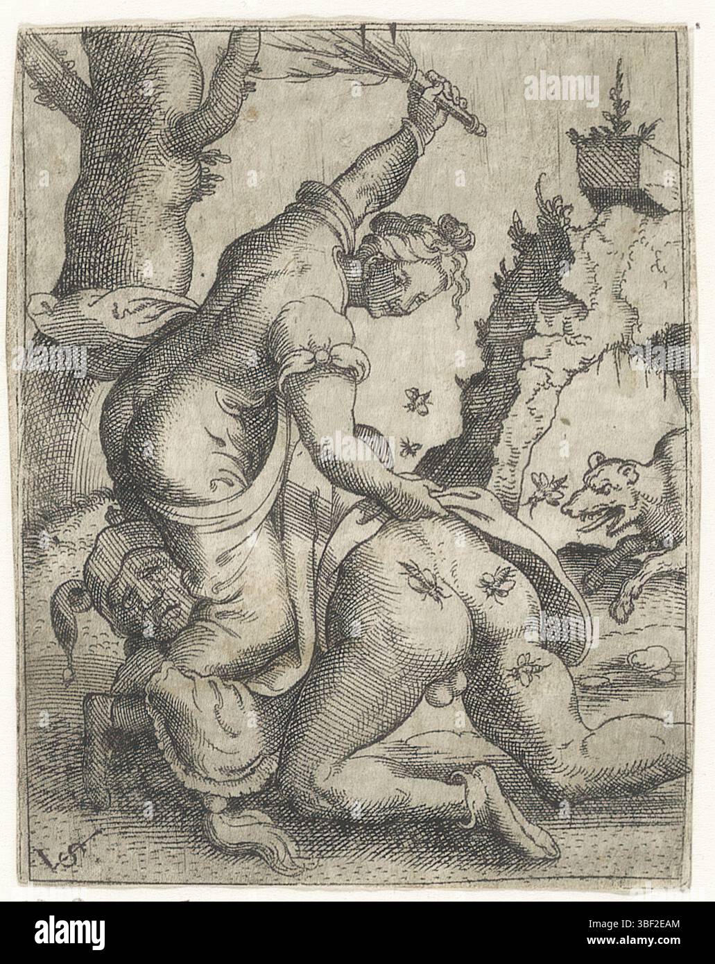 Nürnberg, Solis, Virgil, Szenen mit Narren und Frauen, Nar von einer Frau mit einem Zweigwald geschlagen, verso - handgeschrieben in brauner Tinte, Druck, verso - gestempelt, 133, Höhe 84 mm, Breite 68 mm, Deutsch, 1514 - 1562-08-01, Drucker, 1524 - 1562, Papier, Ätzen, Gravieren, Gravieren (Druckverfahren), Tellerton“ Stockfoto