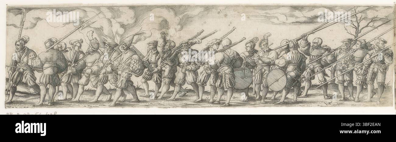 Nürnberg, Solis, Virgil, Soldatenparade, rückwärts - handgeschrieben in brauner Tinte, Druck, rückwärts - gestempelt, 42, Höhe 57 mm, Breite 212 mm, Deutsch, 1514 - 1562-08-01, Drucker, 1542 - 1542, Papier, Ätzen, Gravieren, Gravieren (Druckverfahren), Tellerton Stockfoto