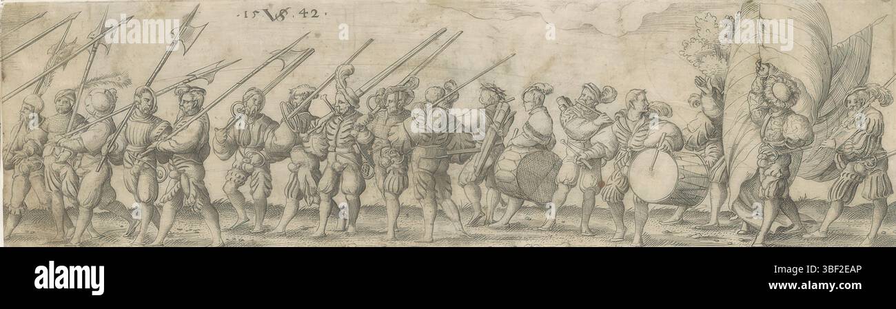 Nürnberg, Solis, Virgil, Soldatenparade, rückwärts - handgeschrieben in brauner Tinte, Druck, rückwärts - gestempelt, 42, Höhe 59 mm, Breite 208 mm, Deutsch, 1514 - 1562-08-01, Drucker, 1542 - 1542, Papier, Ätzen, Tellerton“ Stockfoto